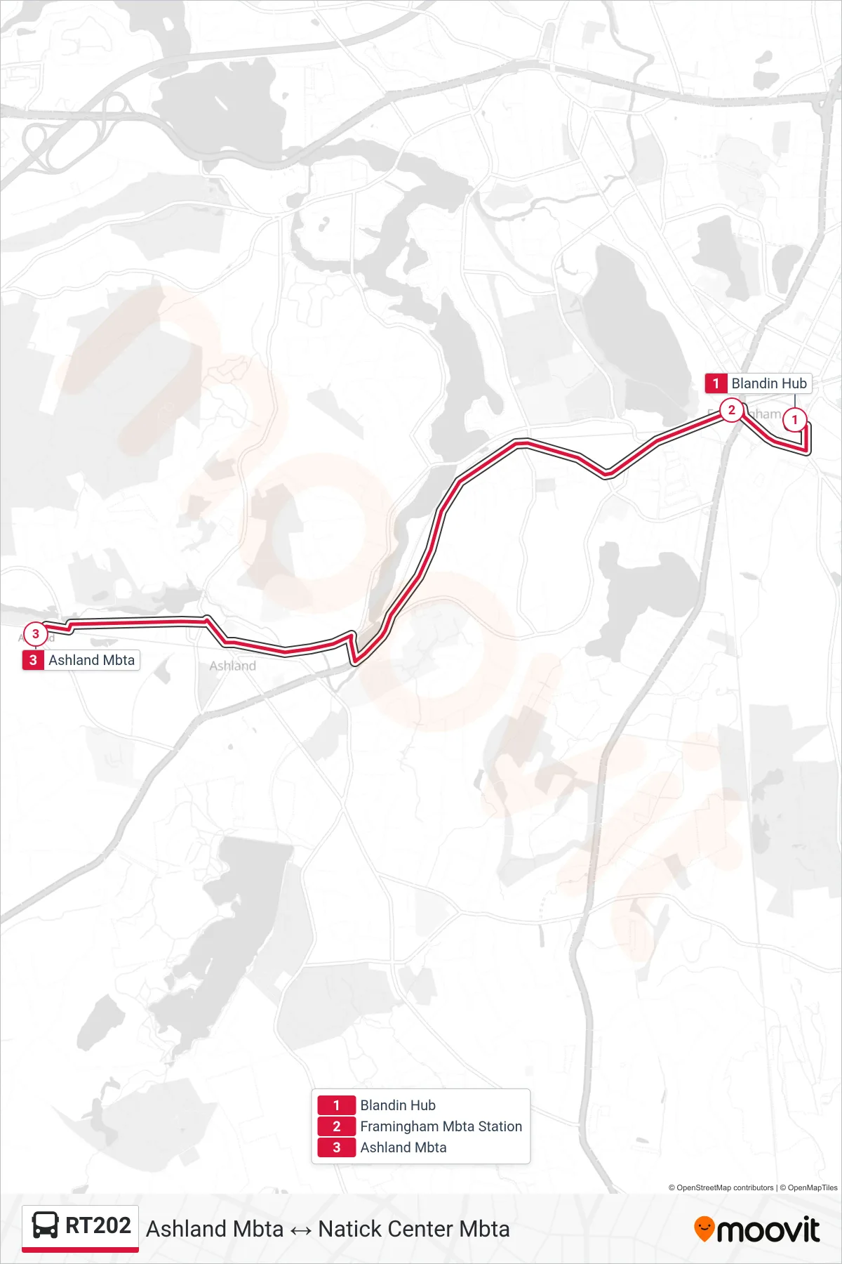 RT202 bus Line (Blandin Hub→Ashland Mbta) route and stops on a map