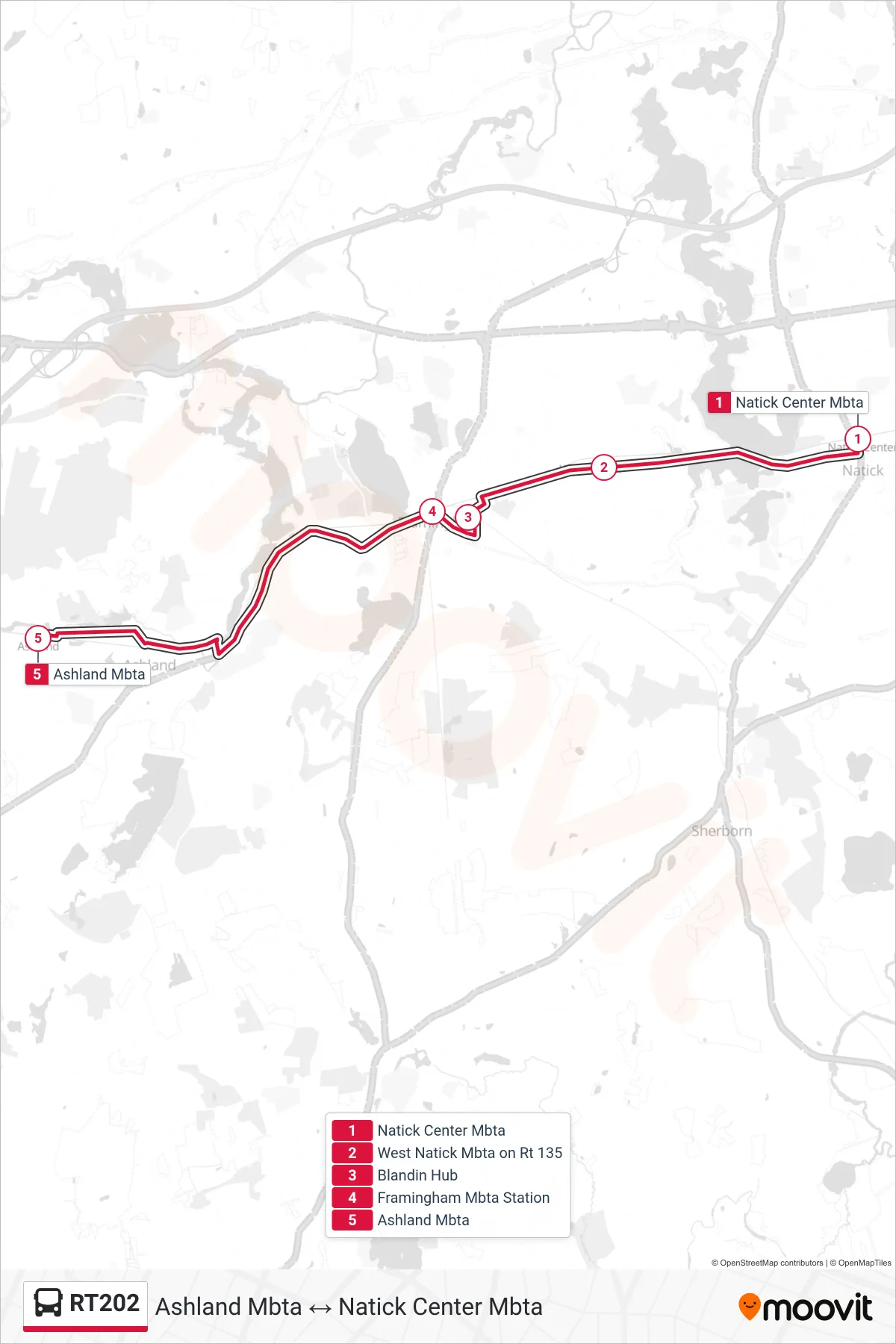 RT202 bus Line (Natick Center Mbta→Ashland Mbta) route and stops on a map