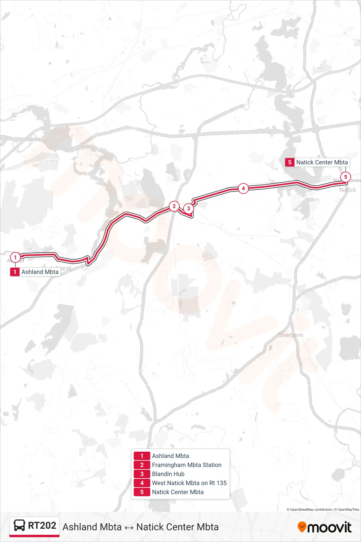 RT202 bus Line (Ashland Mbta→Natick Center Mbta) route and stops on a map