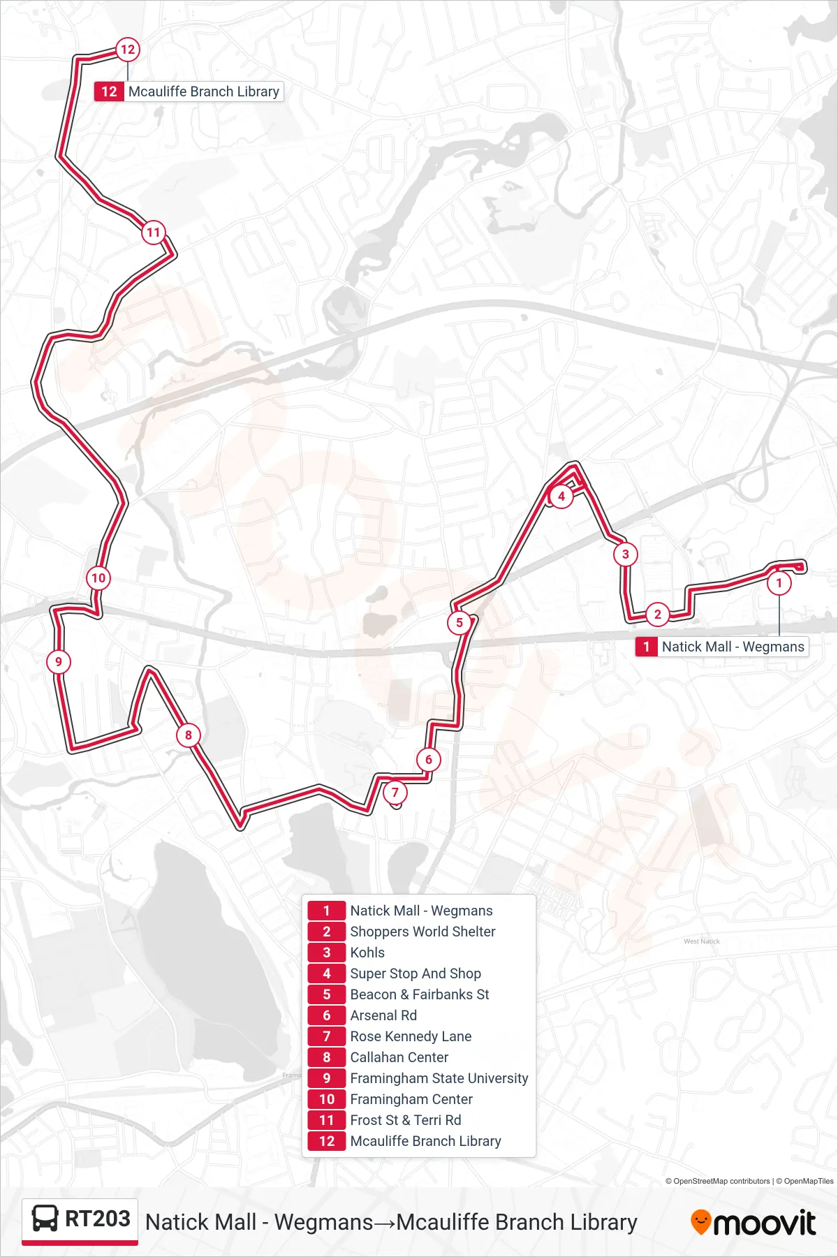 RT203 bus Line (Natick Mall - Wegmans→Mcauliffe Branch Library) route and stops on a map