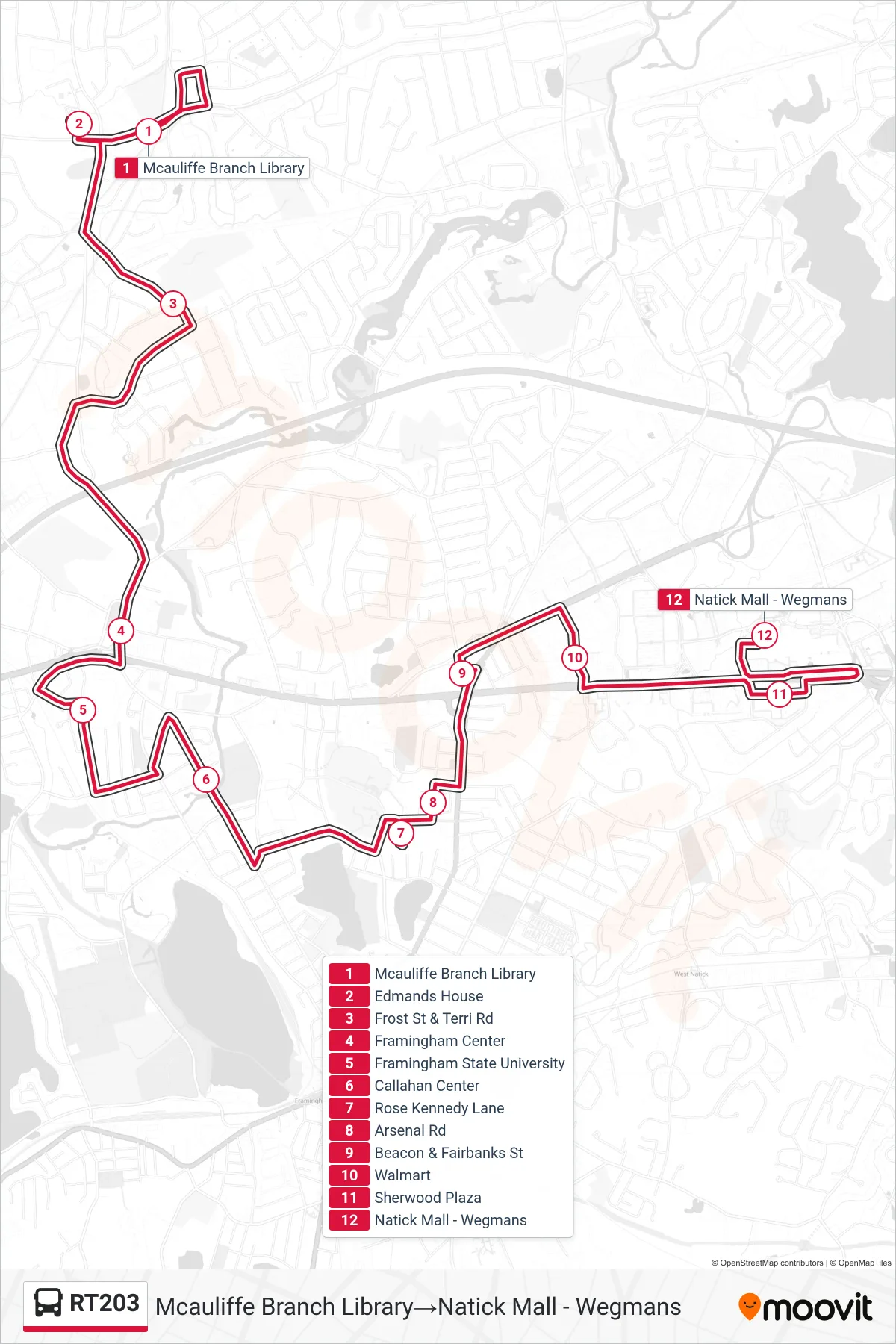 RT203 bus Line (Mcauliffe Branch Library‎→Natick Mall - Wegmans) route and stops on a map