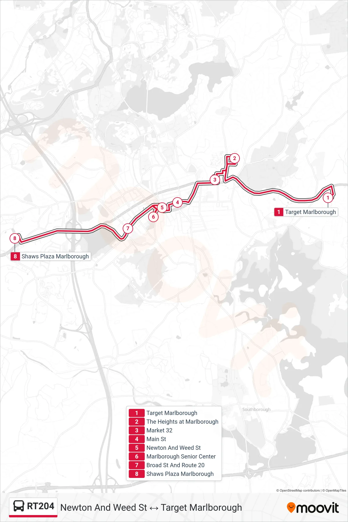 RT204 bus Line (Target Marlborough‎→Shaws Plaza Marlborough) route and stops on a map