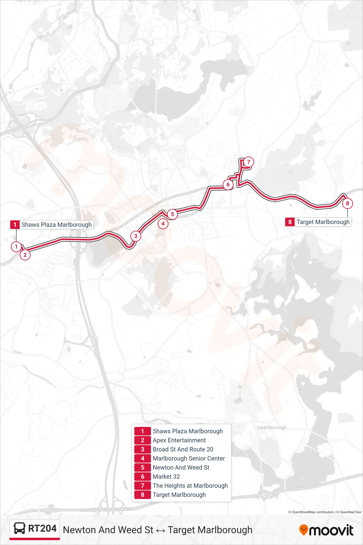 RT204 bus Line (Shaws Plaza Marlborough‎→Target Marlborough) route and stops on a map