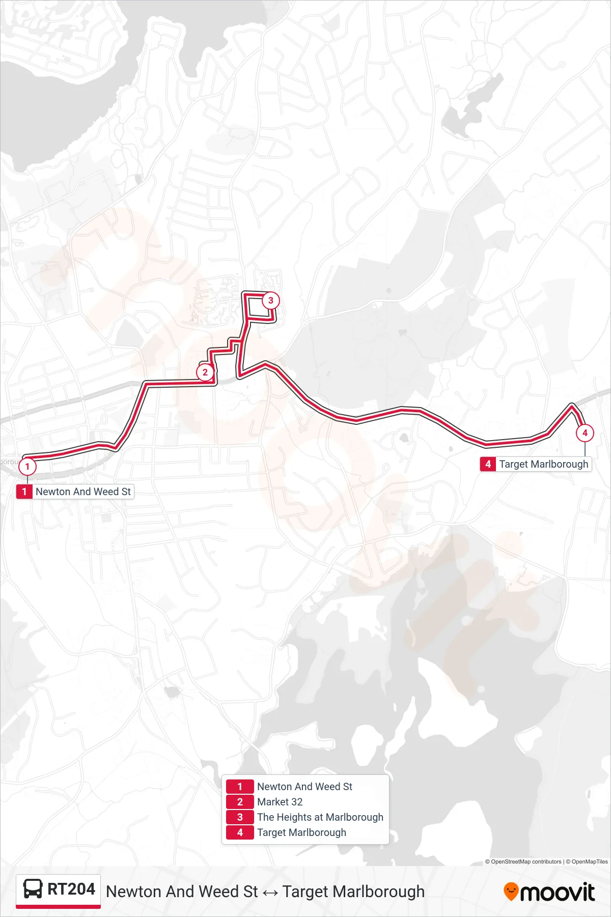 RT204 bus Line (Newton And Weed St→Target Marlborough) route and stops on a map