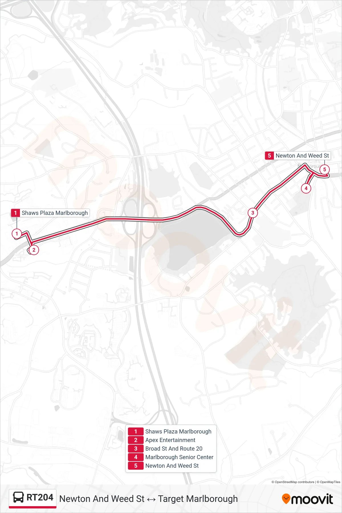 RT204 bus Line (Shaws Plaza Marlborough→Newton And Weed St) route and stops on a map