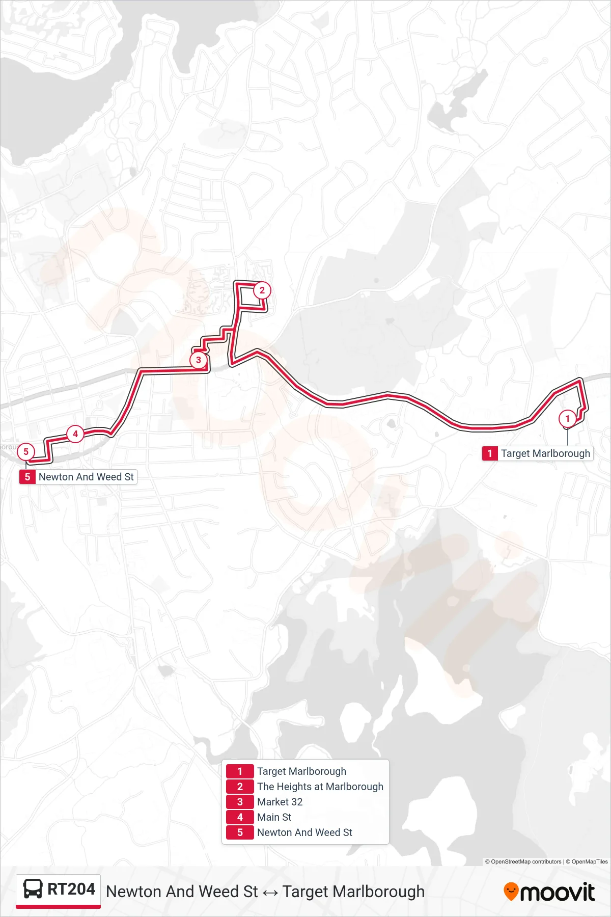 RT204 bus Line (Target Marlborough→Newton And Weed St) route and stops on a map