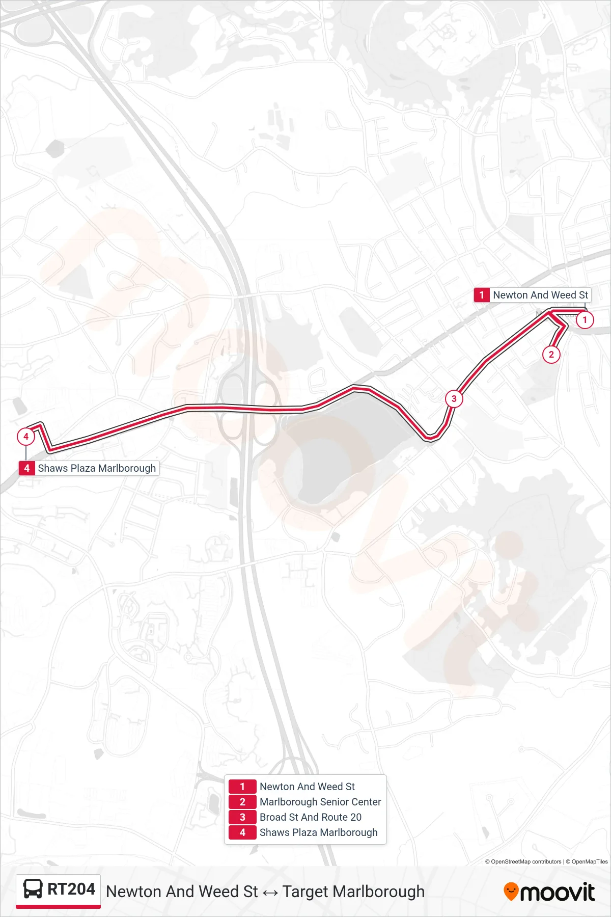 RT204 bus Line (Newton And Weed St‎→Shaws Plaza Marlborough) route and stops on a map