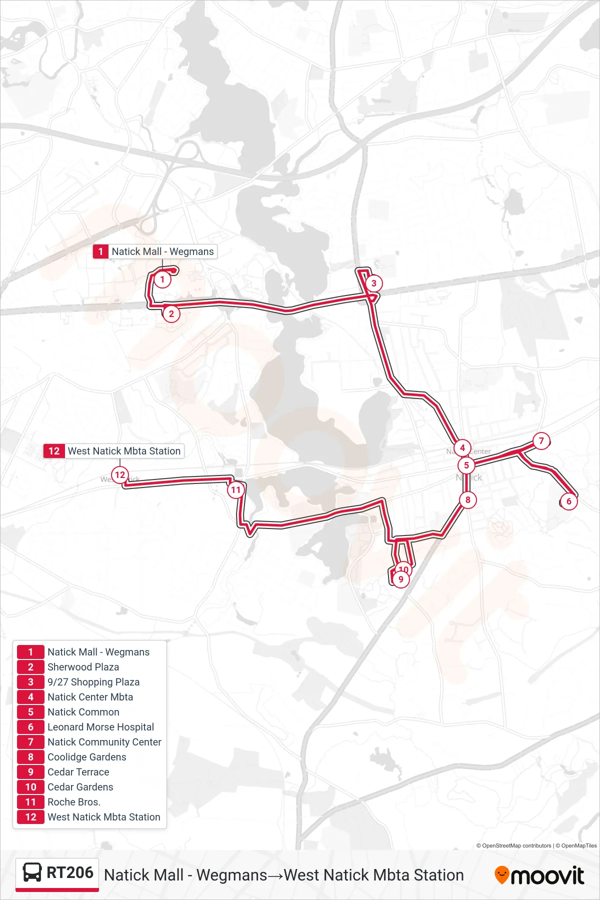 RT206 bus Line (Natick Mall - Wegmans‎→West Natick Mbta Station) route and stops on a map