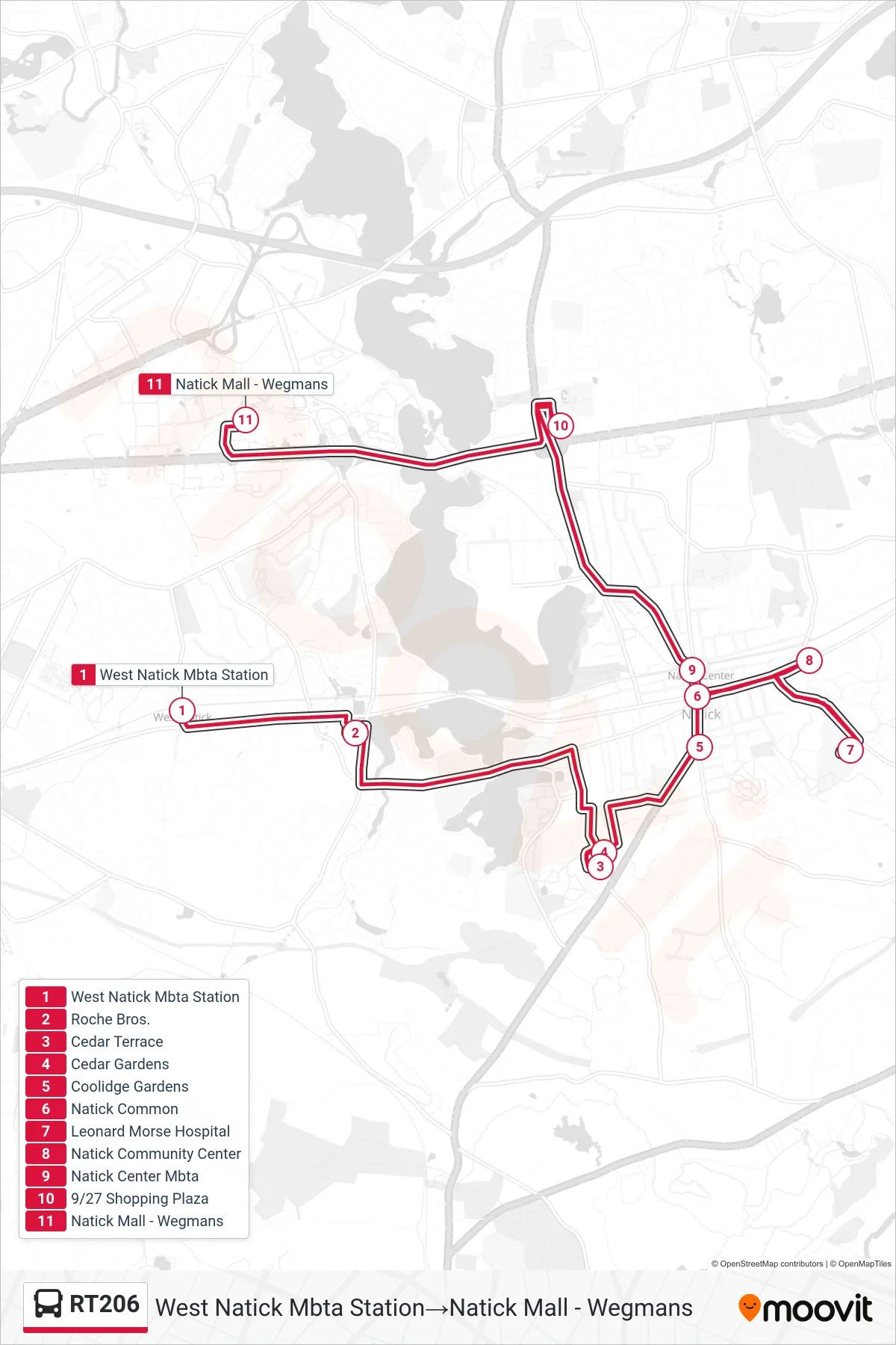 RT206 bus Line (West Natick Mbta Station→Natick Mall - Wegmans) route and stops on a map