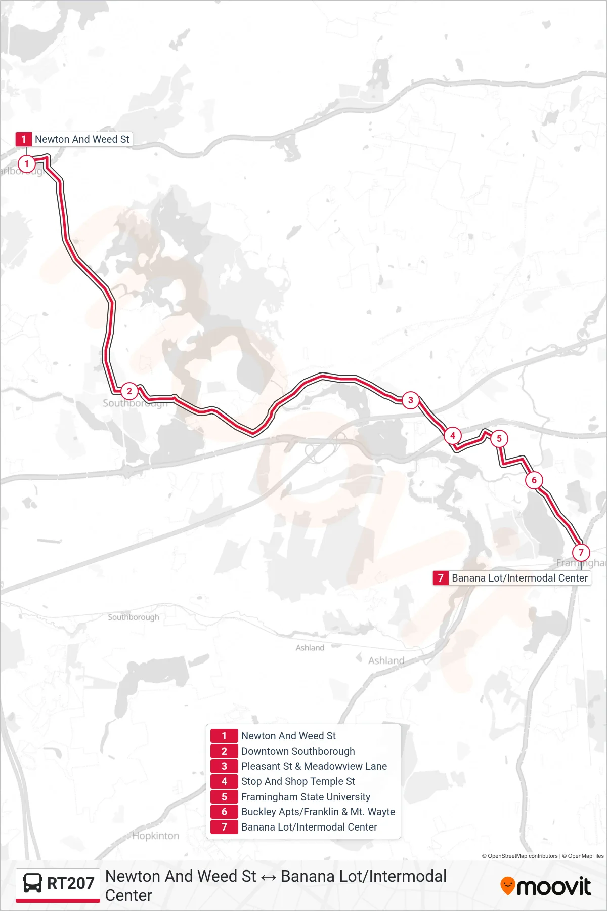 RT207 bus Line (Newton And Weed St→Banana Lot/Intermodal Center) route and stops on a map