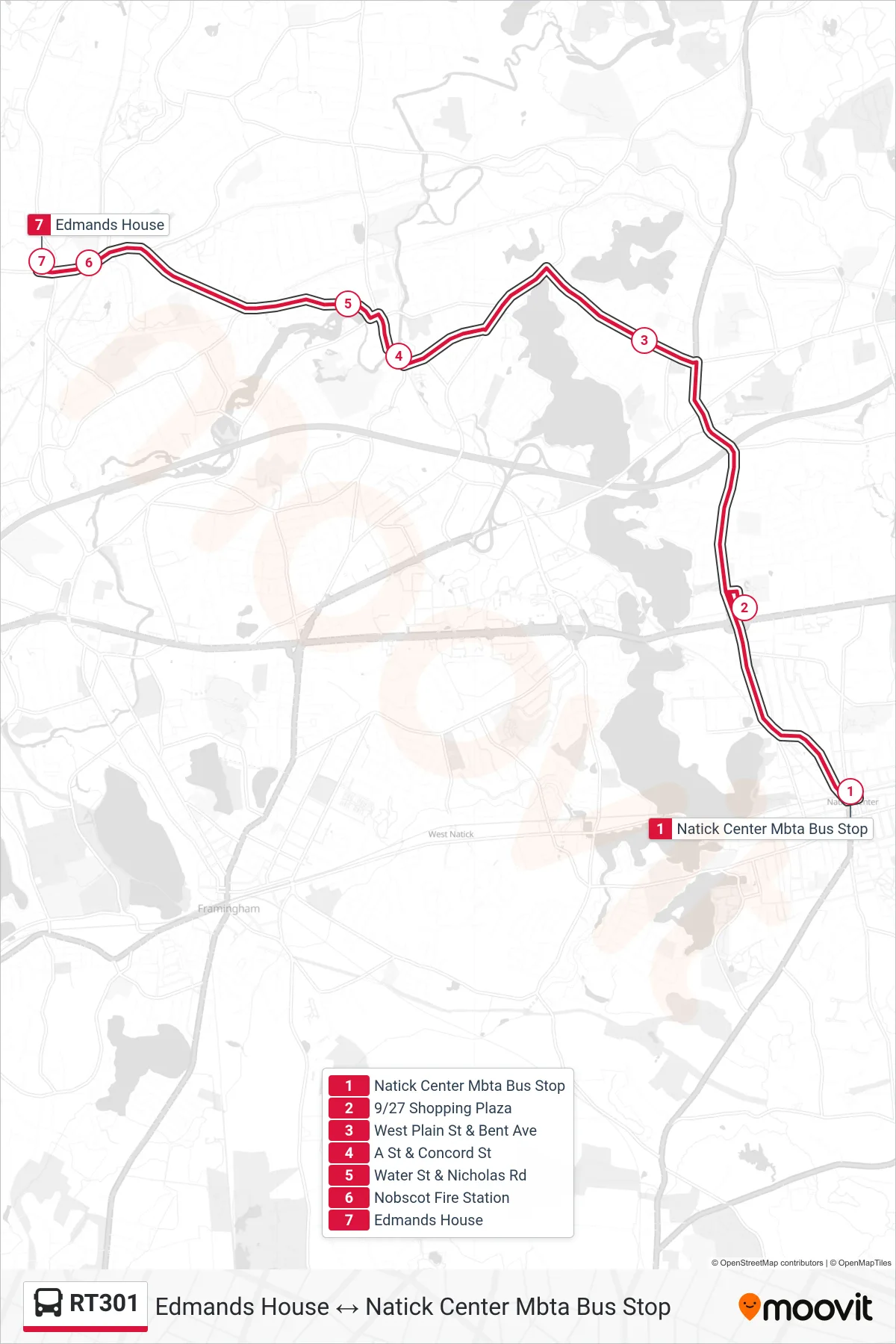 RT301 bus Line (Natick Center Mbta Bus Stop→Edmands House) route and stops on a map