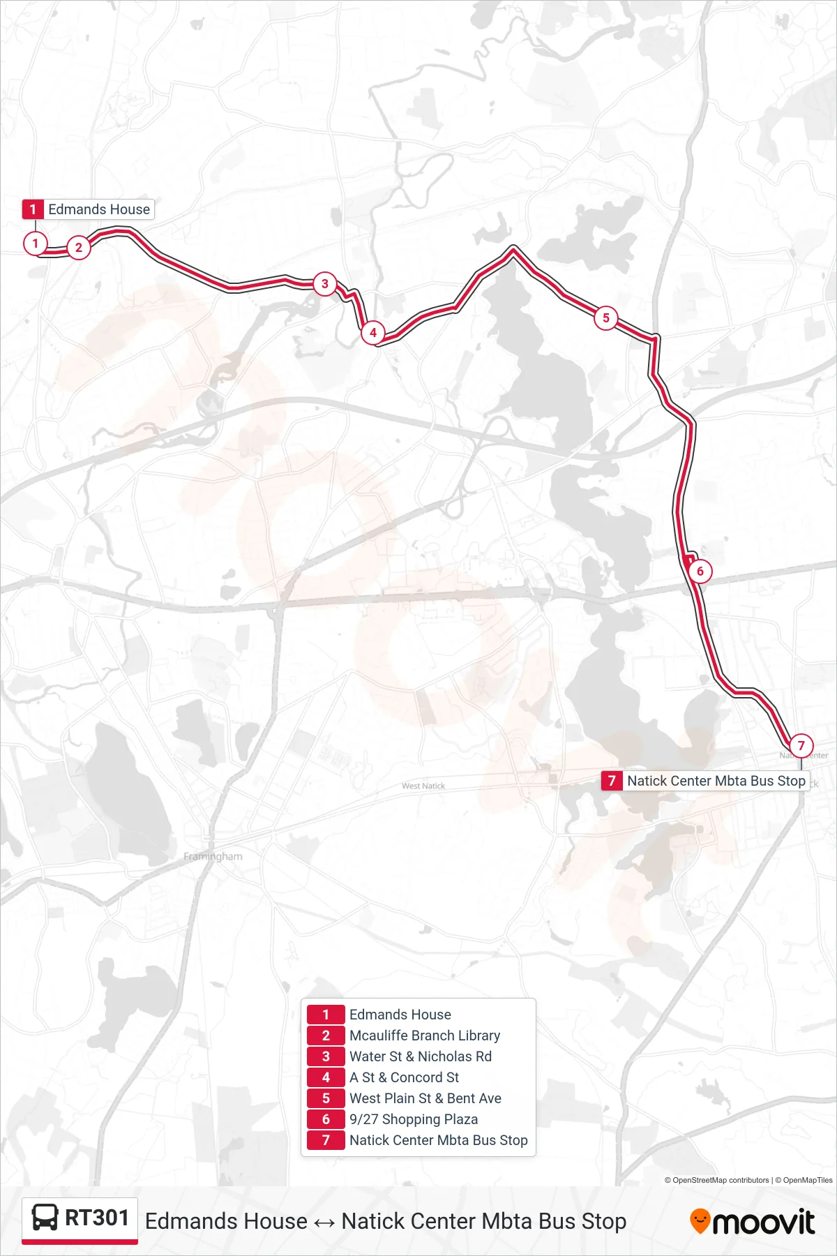 RT301 bus Line (Edmands House→Natick Center Mbta Bus Stop) route and stops on a map