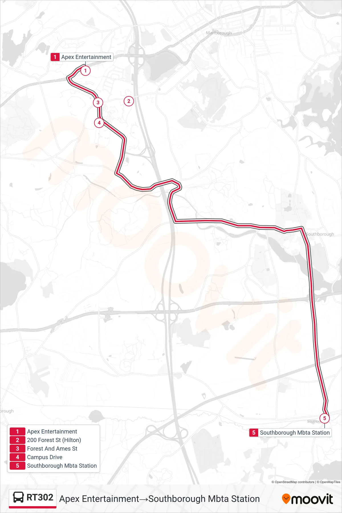 RT302 bus Line (Apex Entertainment‎→Southborough Mbta Station) route and stops on a map