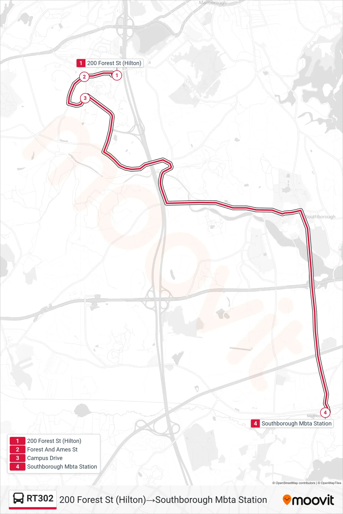 RT302 bus Line (200 Forest St (Hilton)→Southborough Mbta Station) route and stops on a map