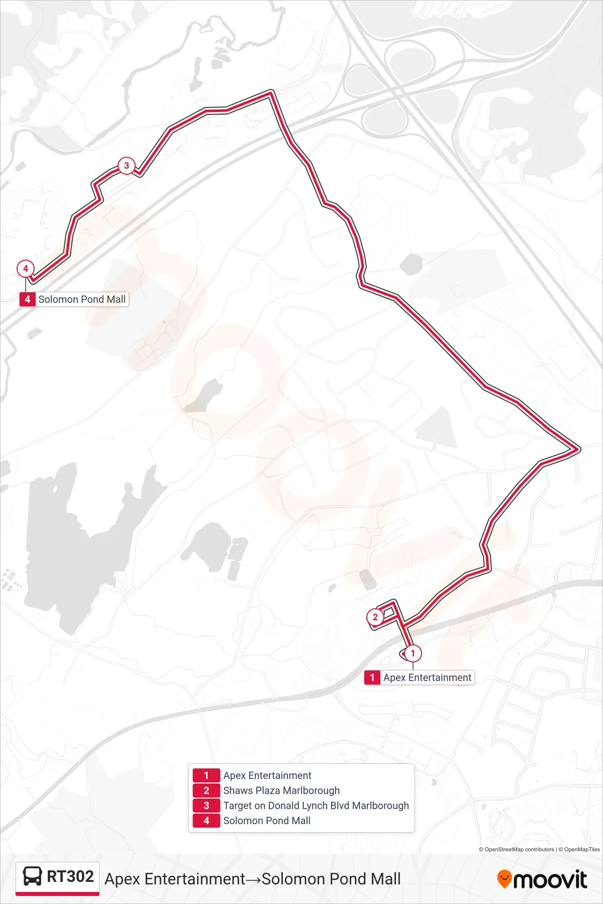 RT302 bus Line (Apex Entertainment→Solomon Pond Mall) route and stops on a map