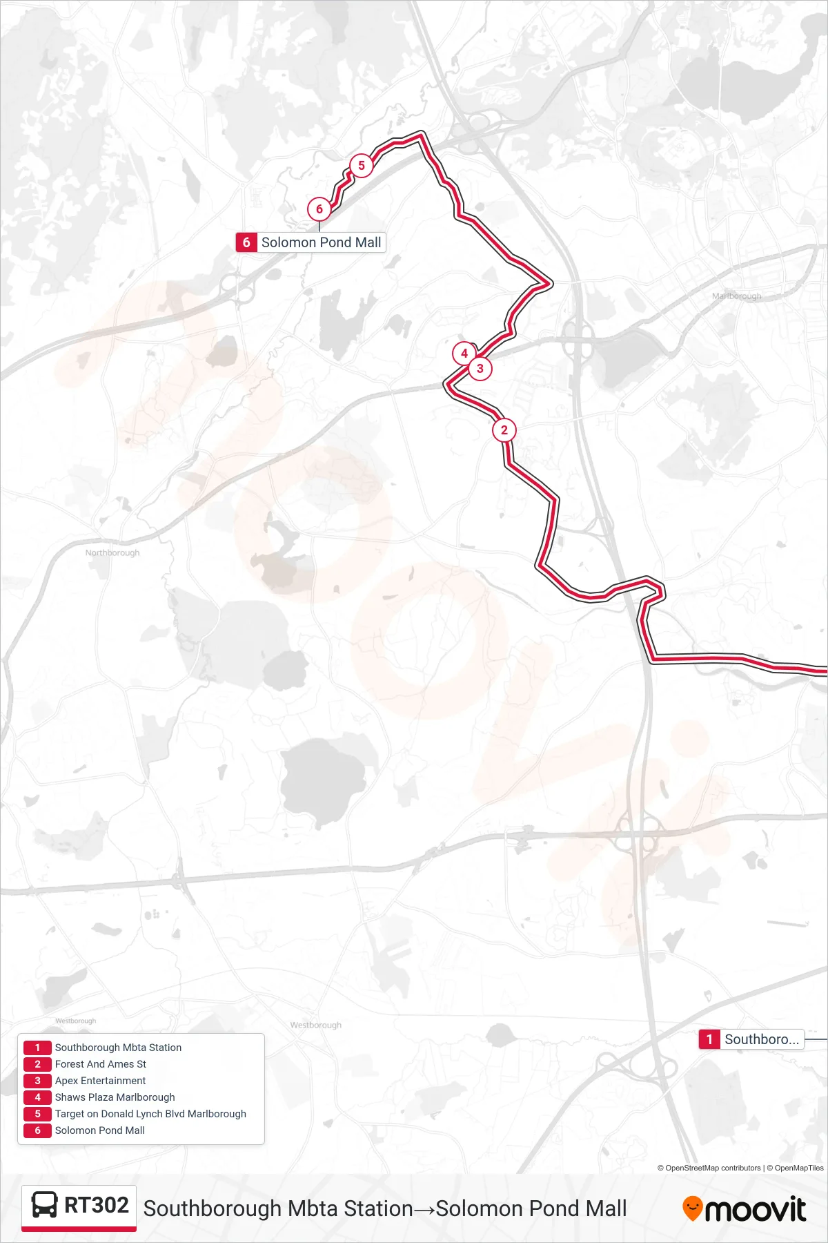 RT302 bus Line (Southborough Mbta Station→Solomon Pond Mall) route and stops on a map