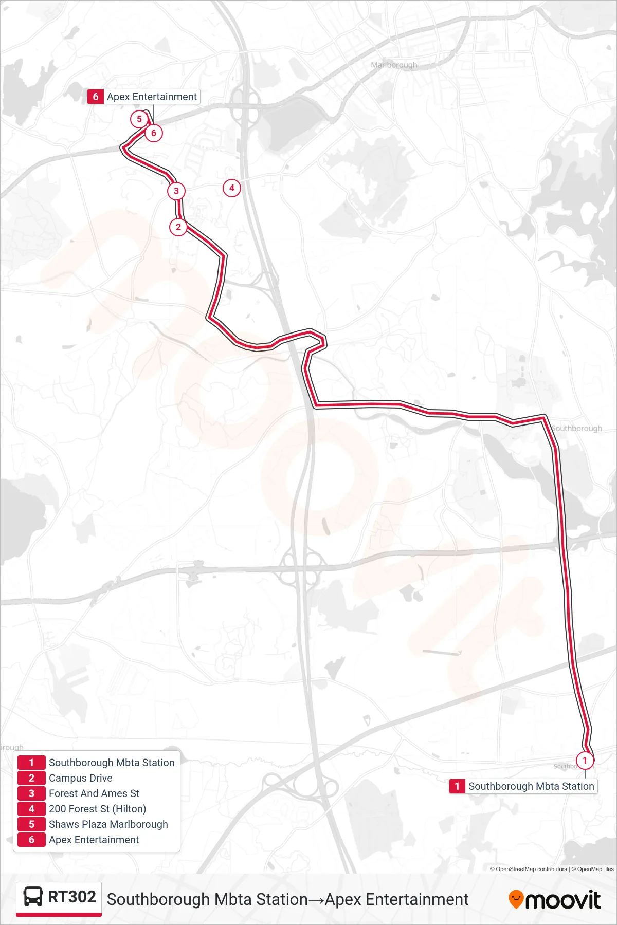 RT302 bus Line (Southborough Mbta Station→Apex Entertainment) route and stops on a map