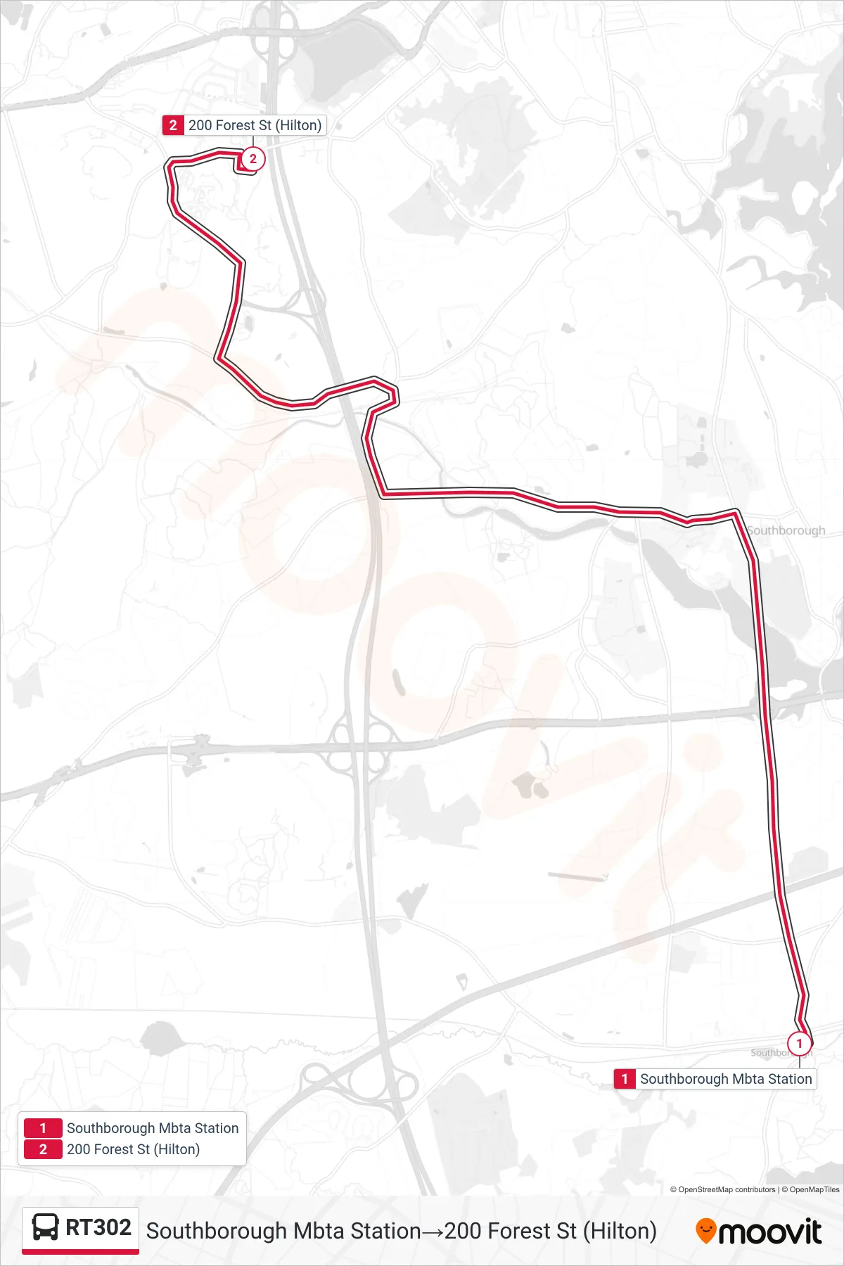 RT302 bus Line (Southborough Mbta Station→200 Forest St (Hilton)) route and stops on a map
