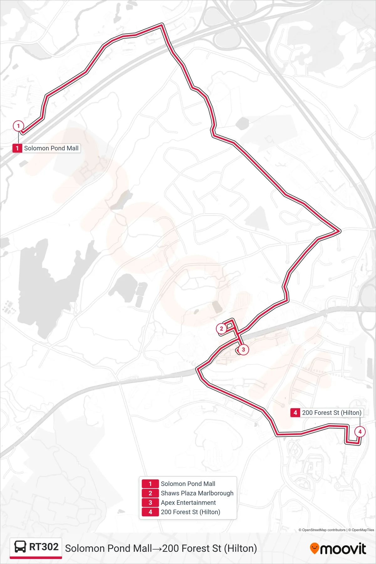 RT302 bus Line (Solomon Pond Mall→200 Forest St (Hilton)) route and stops on a map