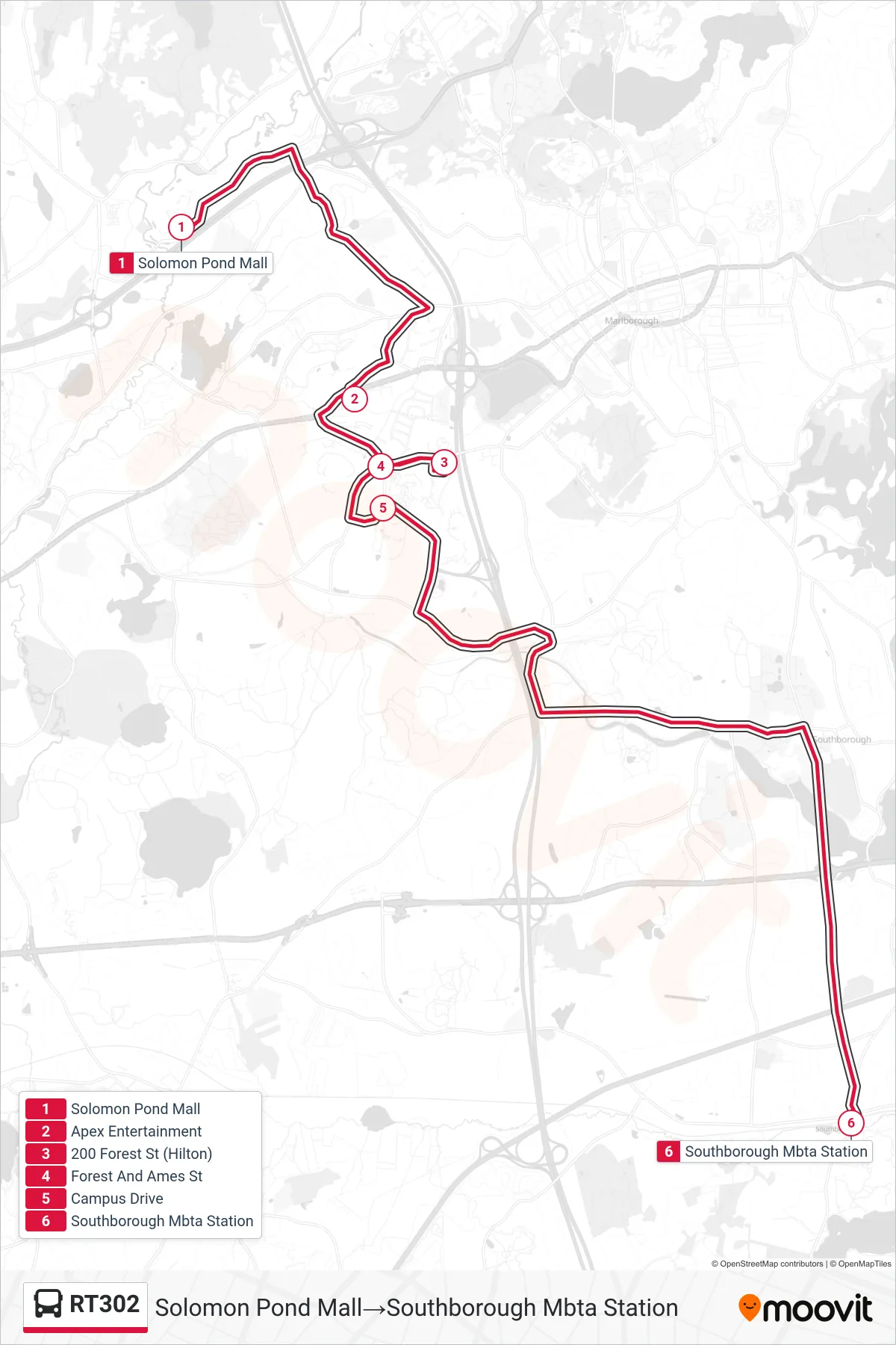 RT302 bus Line (Solomon Pond Mall‎→Southborough Mbta Station) route and stops on a map