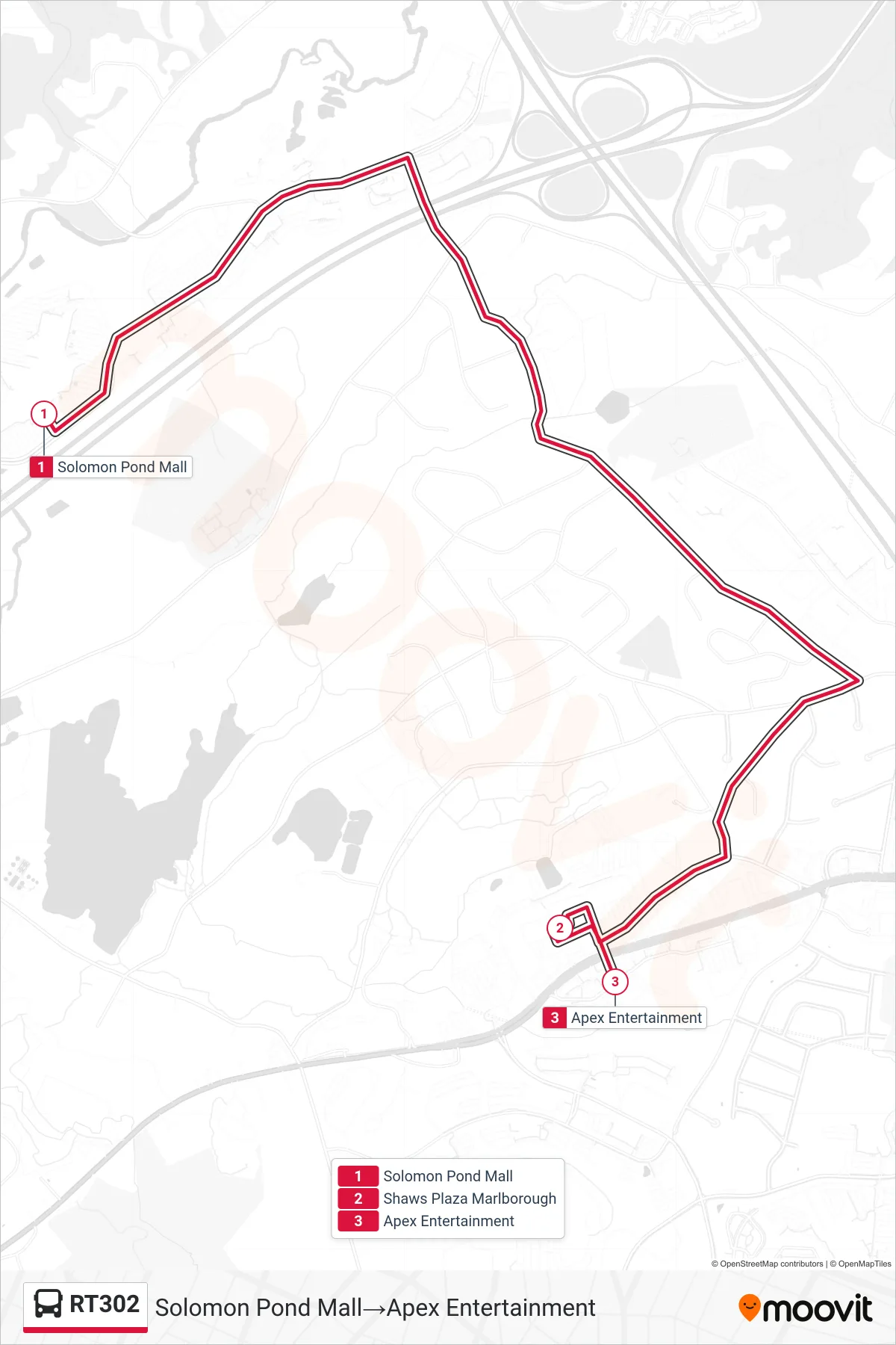 RT302 bus Line (Solomon Pond Mall→Apex Entertainment) route and stops on a map