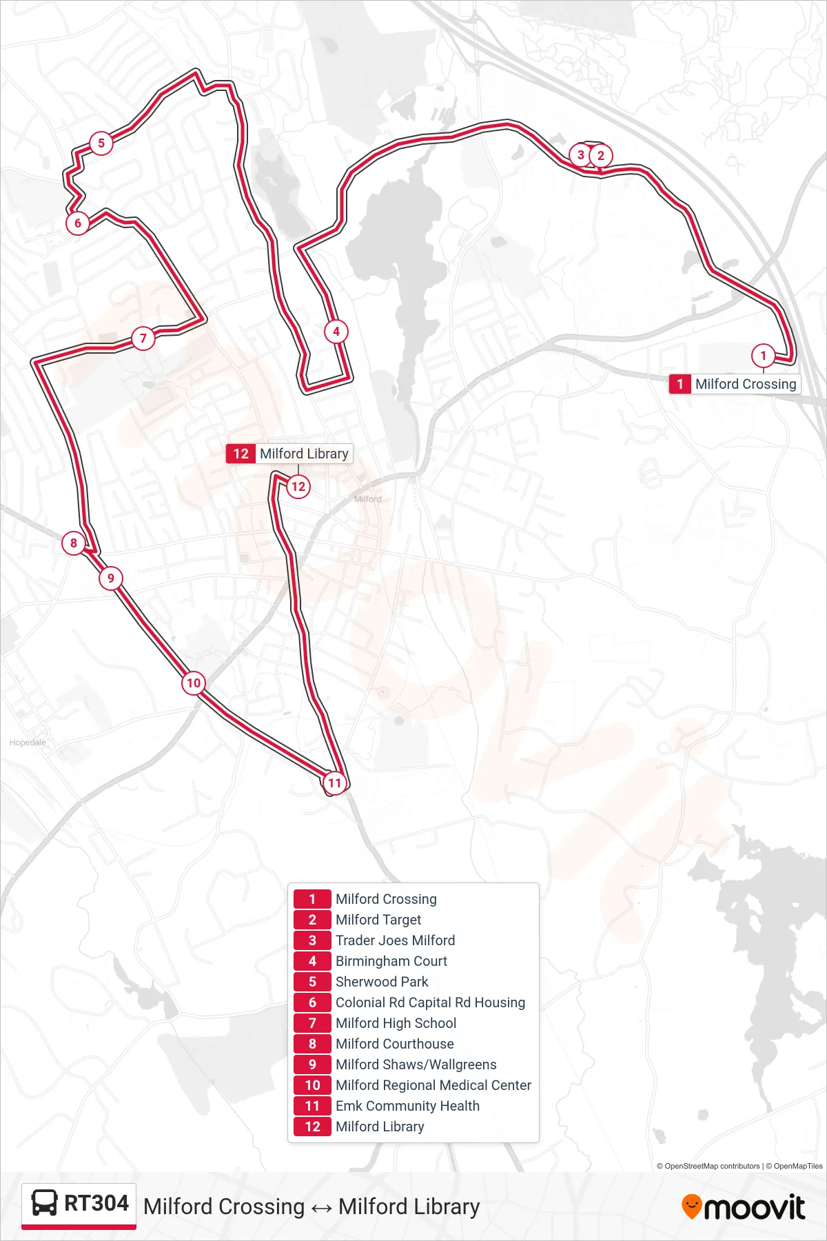 RT304 bus Line (Milford Crossing→Milford Library) route and stops on a map