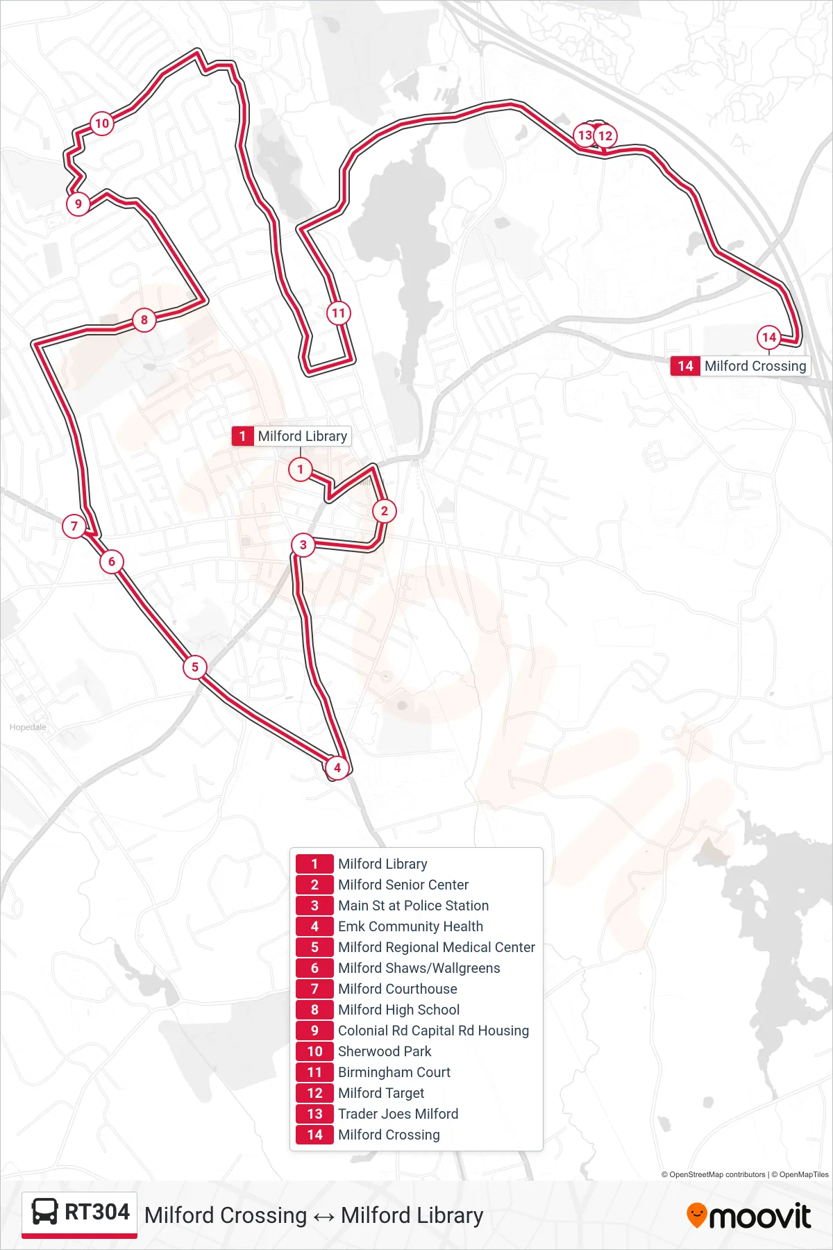 RT304 bus Line (Milford Library→Milford Crossing) route and stops on a map