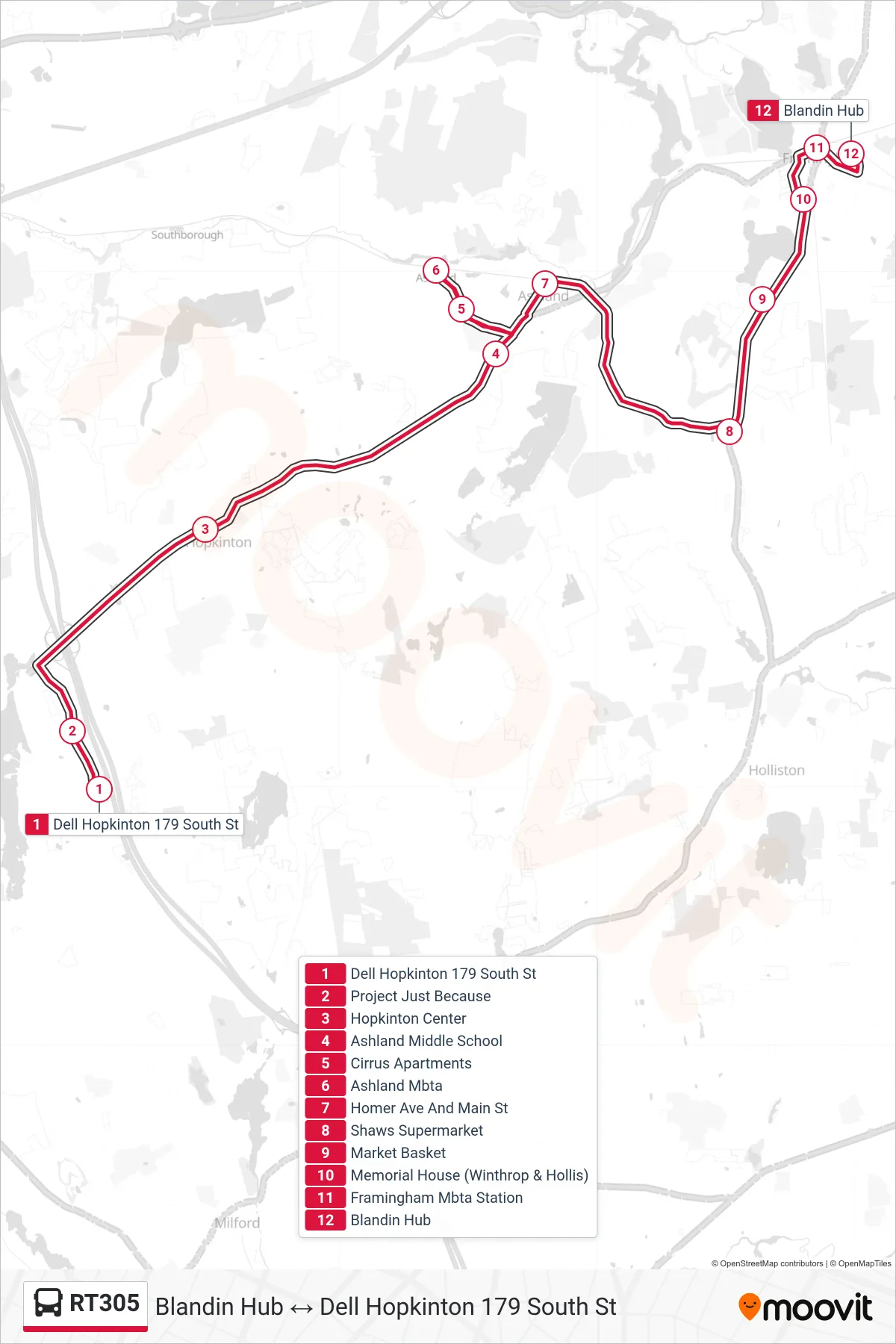 RT305 bus Line (Dell Hopkinton 179 South St→Blandin Hub) route and stops on a map