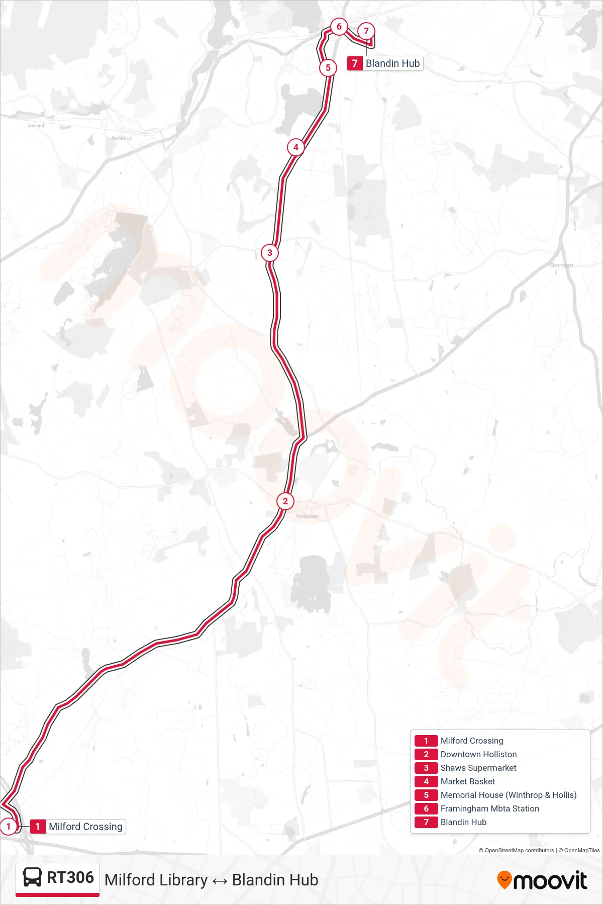 RT306 bus Line (Milford Crossing→Blandin Hub) route and stops on a map