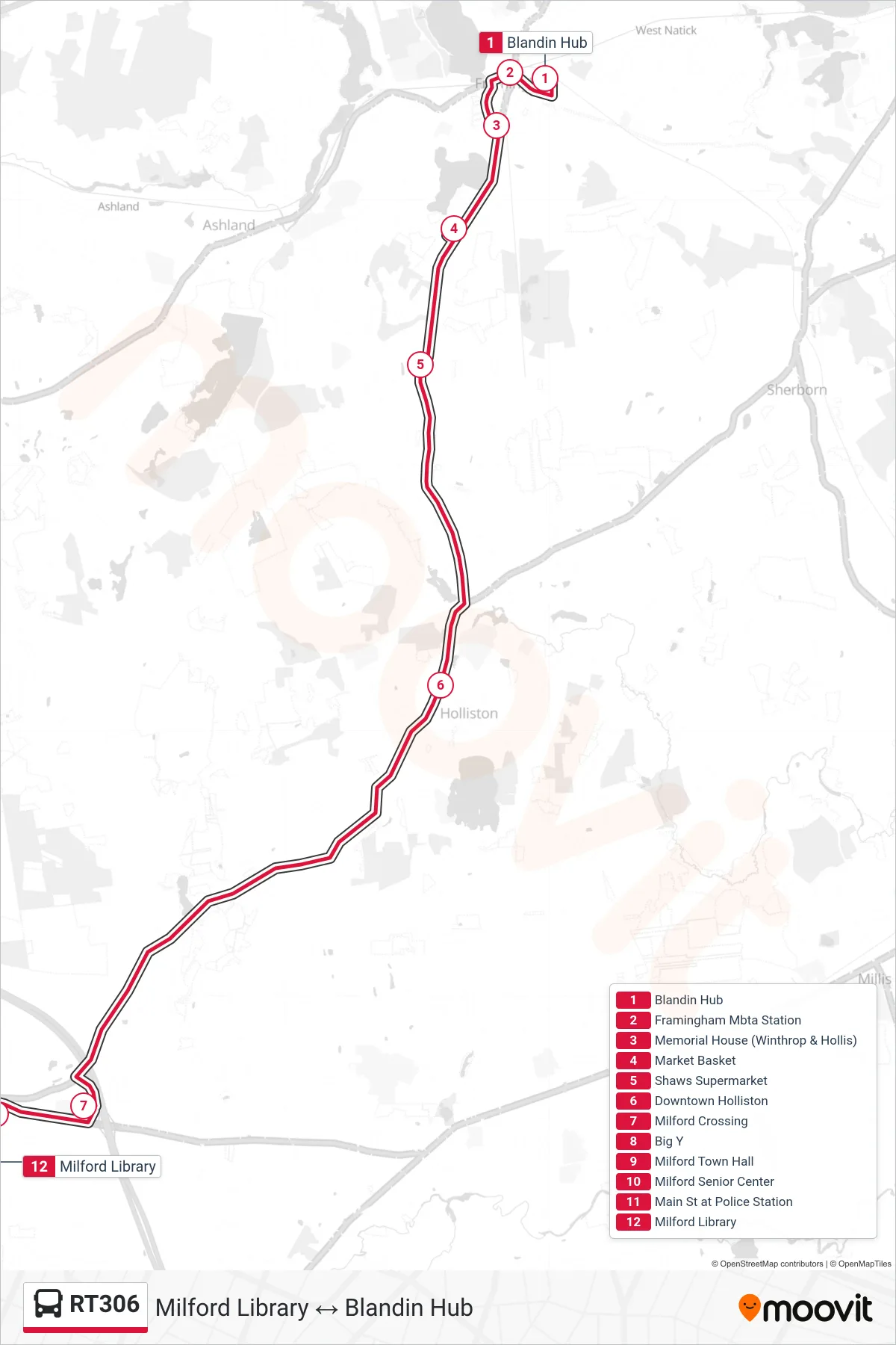 RT306 bus Line (Blandin Hub‎→Milford Library) route and stops on a map
