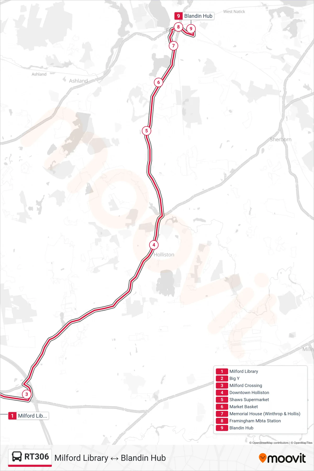 RT306 bus Line (Milford Library→Blandin Hub) route and stops on a map
