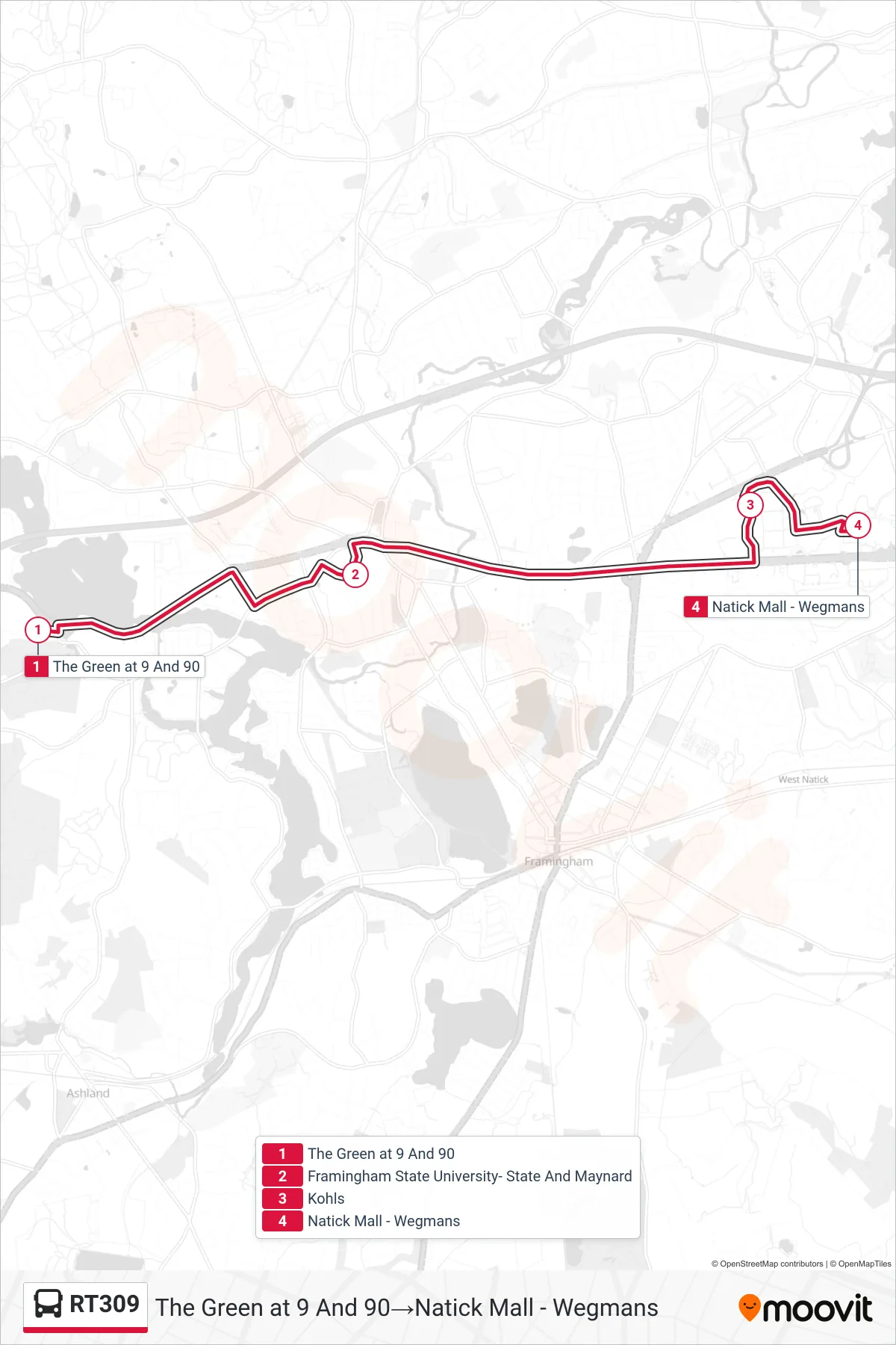 RT309 bus Line (The Green at 9 And 90→Natick Mall - Wegmans) route and stops on a map