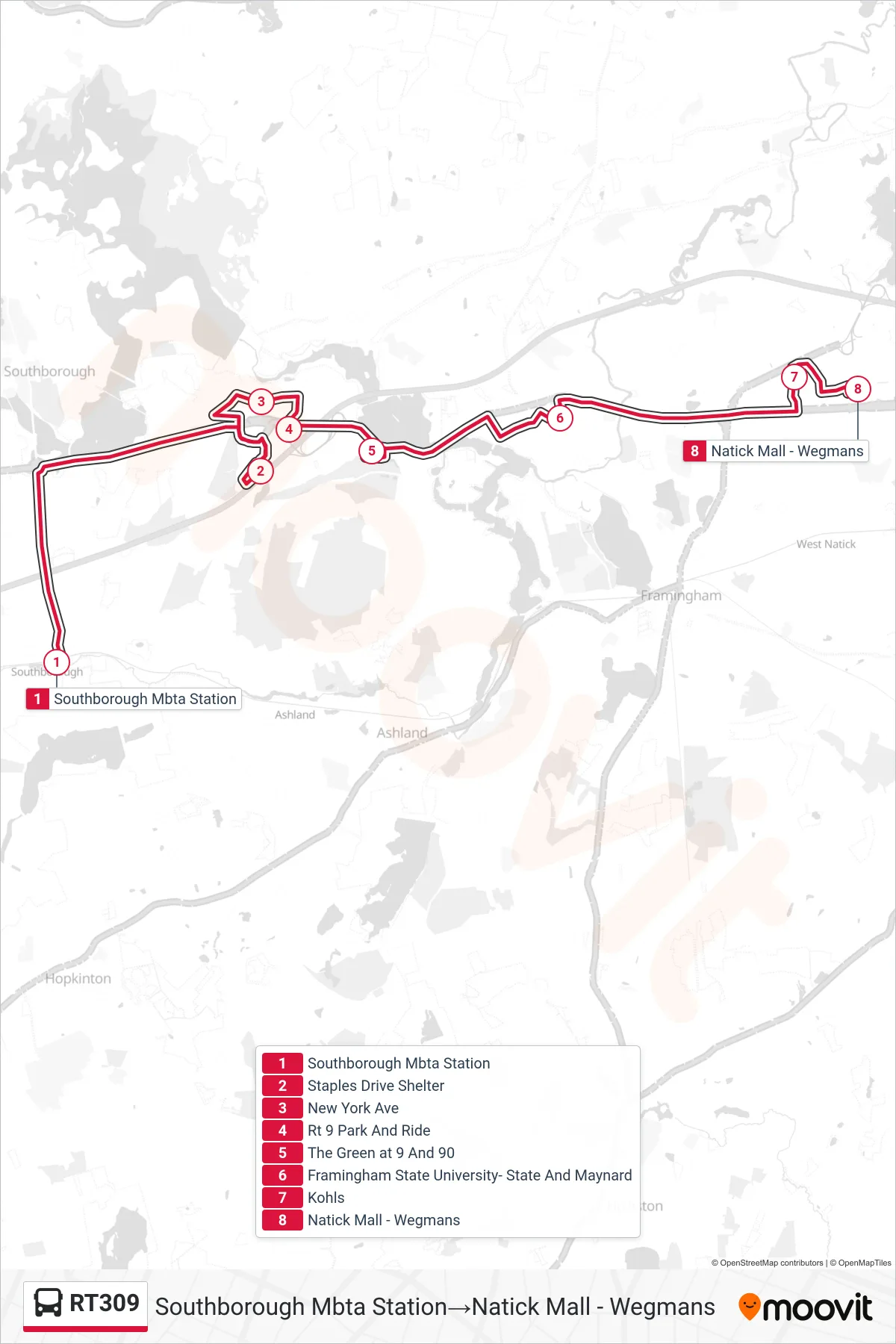RT309 bus Line (Southborough Mbta Station→Natick Mall - Wegmans) route and stops on a map