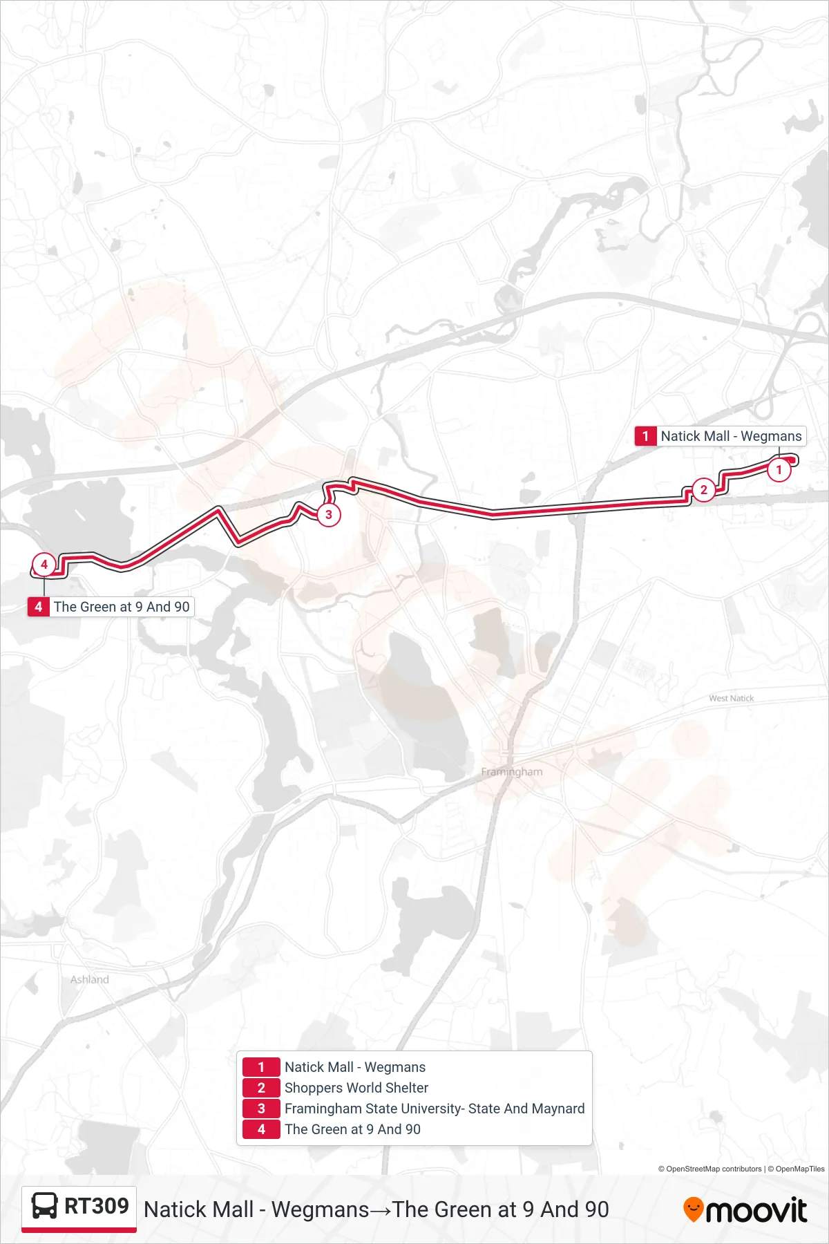 RT309 bus Line (Natick Mall - Wegmans→The Green at 9 And 90) route and stops on a map