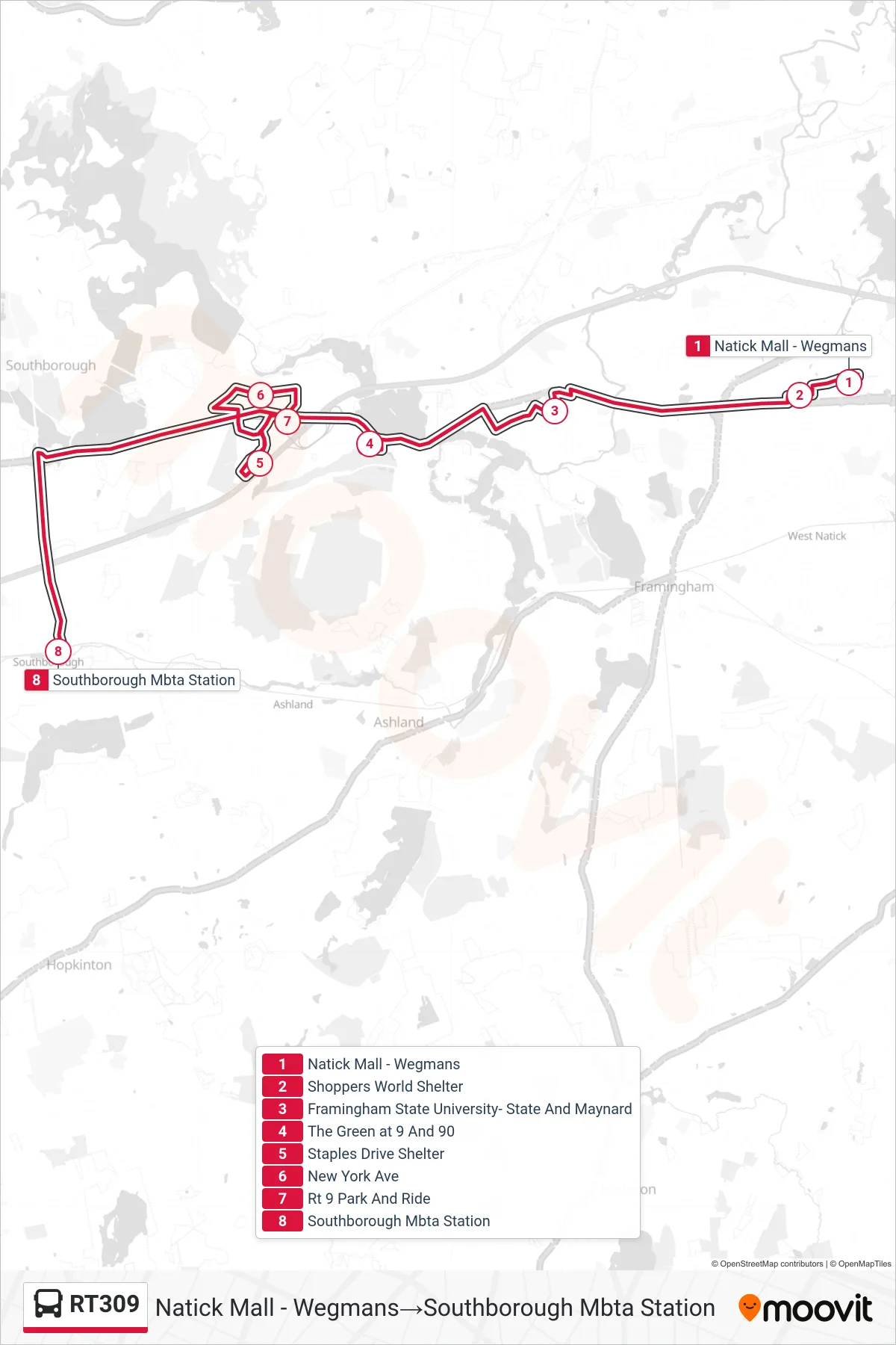 RT309 bus Line (Natick Mall - Wegmans‎→Southborough Mbta Station) route and stops on a map