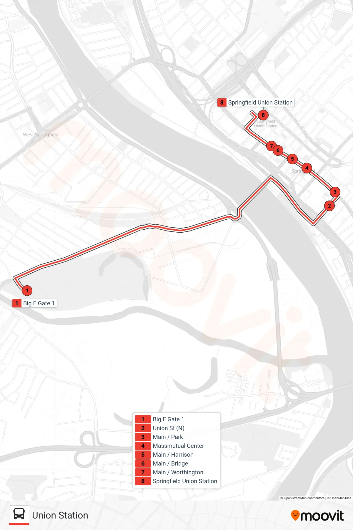 BIG E EXPRESS bus Line (Union Station) route and stops on a map