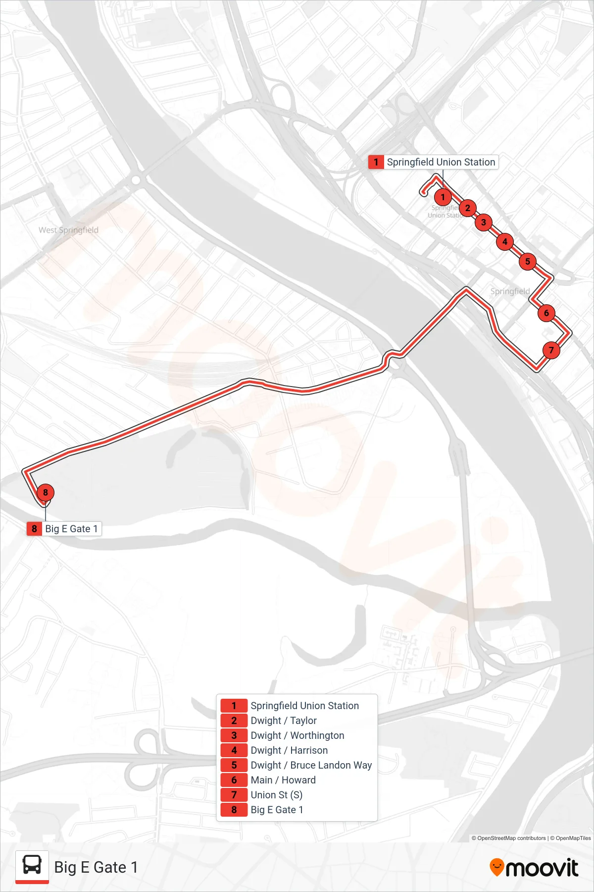 BIG E EXPRESS bus Line (Big E Gate 1) route and stops on a map