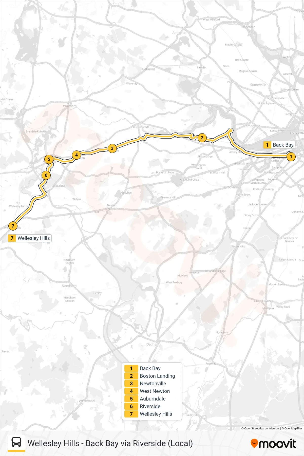 WORCESTER LINE SHUTTLE bus Line (Wellesley Hills (Local Shuttle)) route and stops on a map