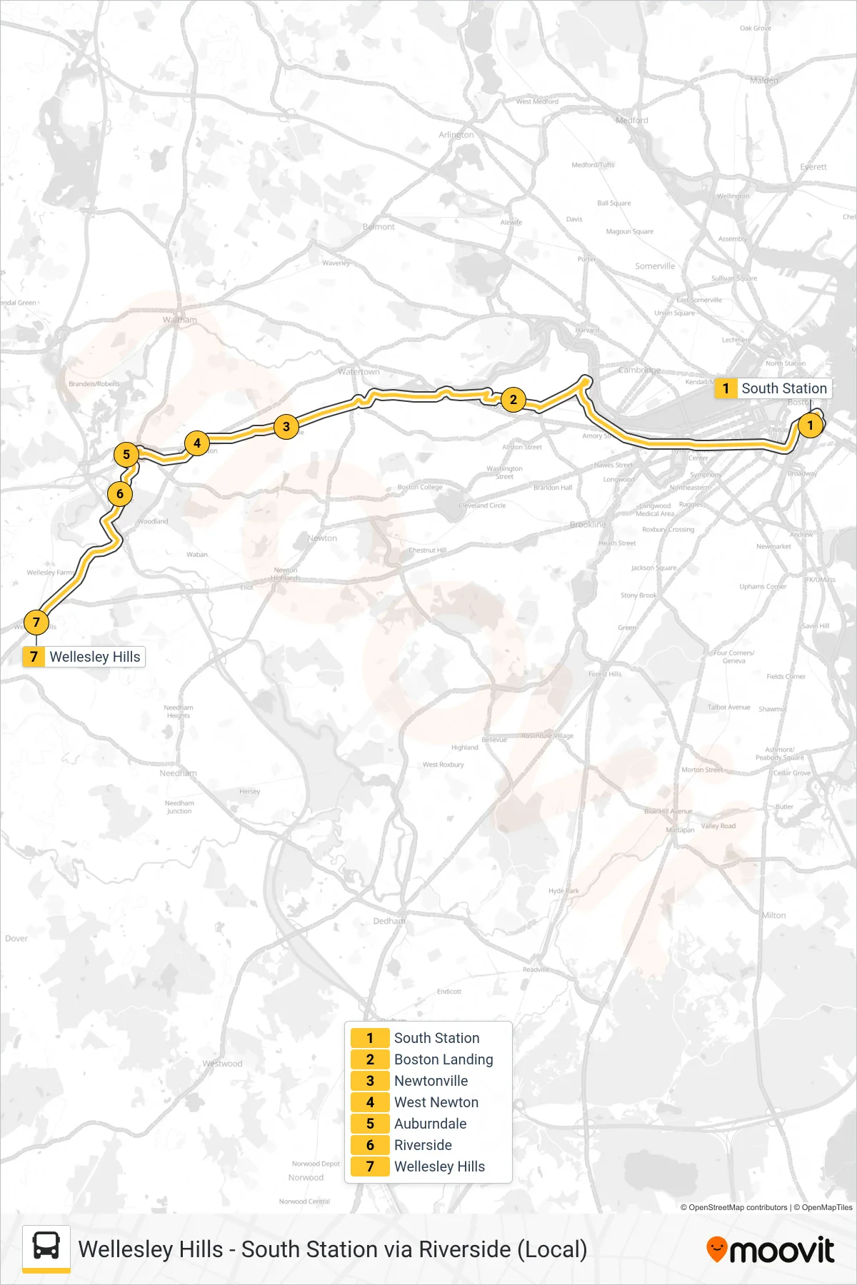 WORCESTER LINE SHUTTLE bus Line (Wellesley Hills (Express Shuttle)) route and stops on a map