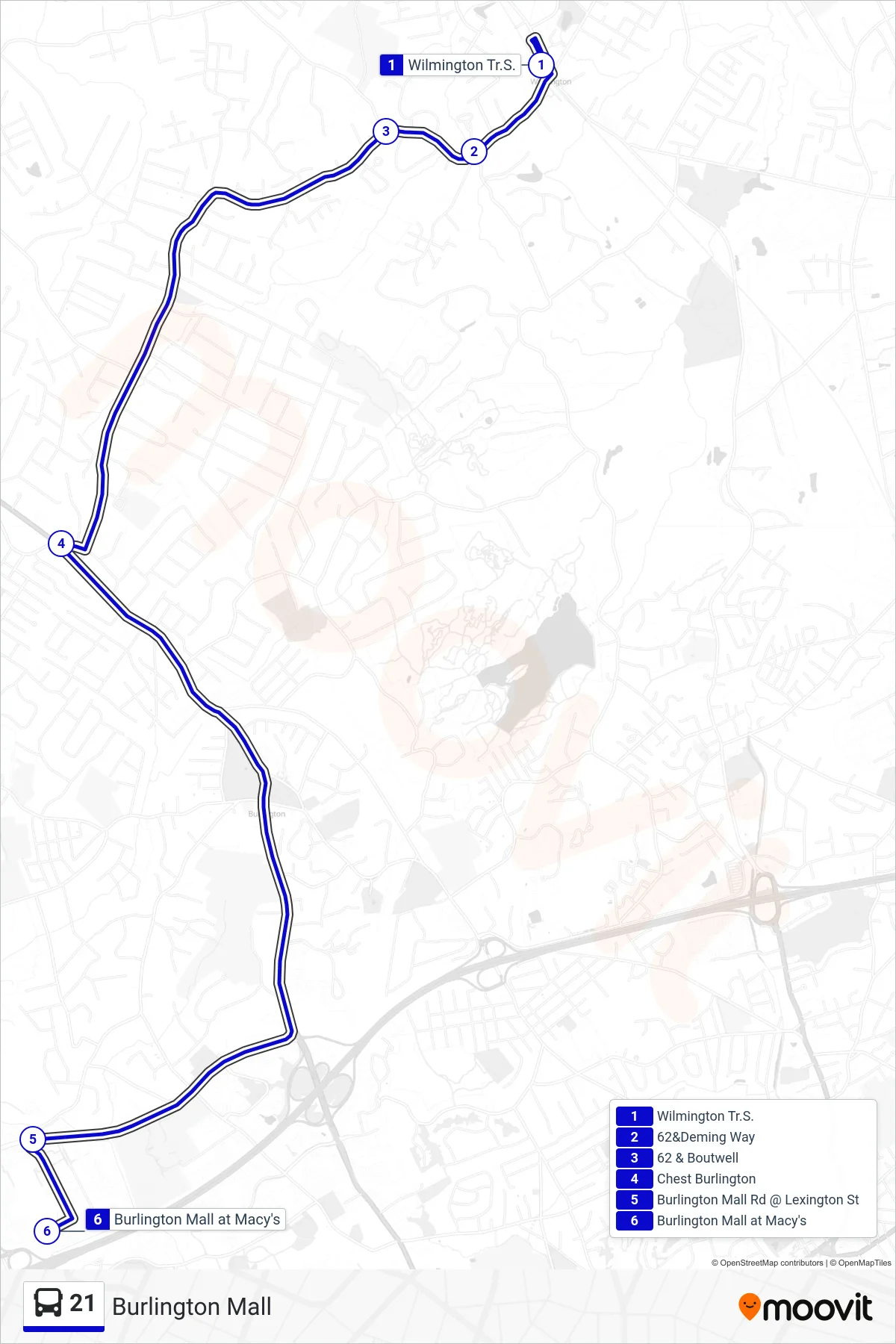 21 bus Line (Burlington Mall) route and stops on a map