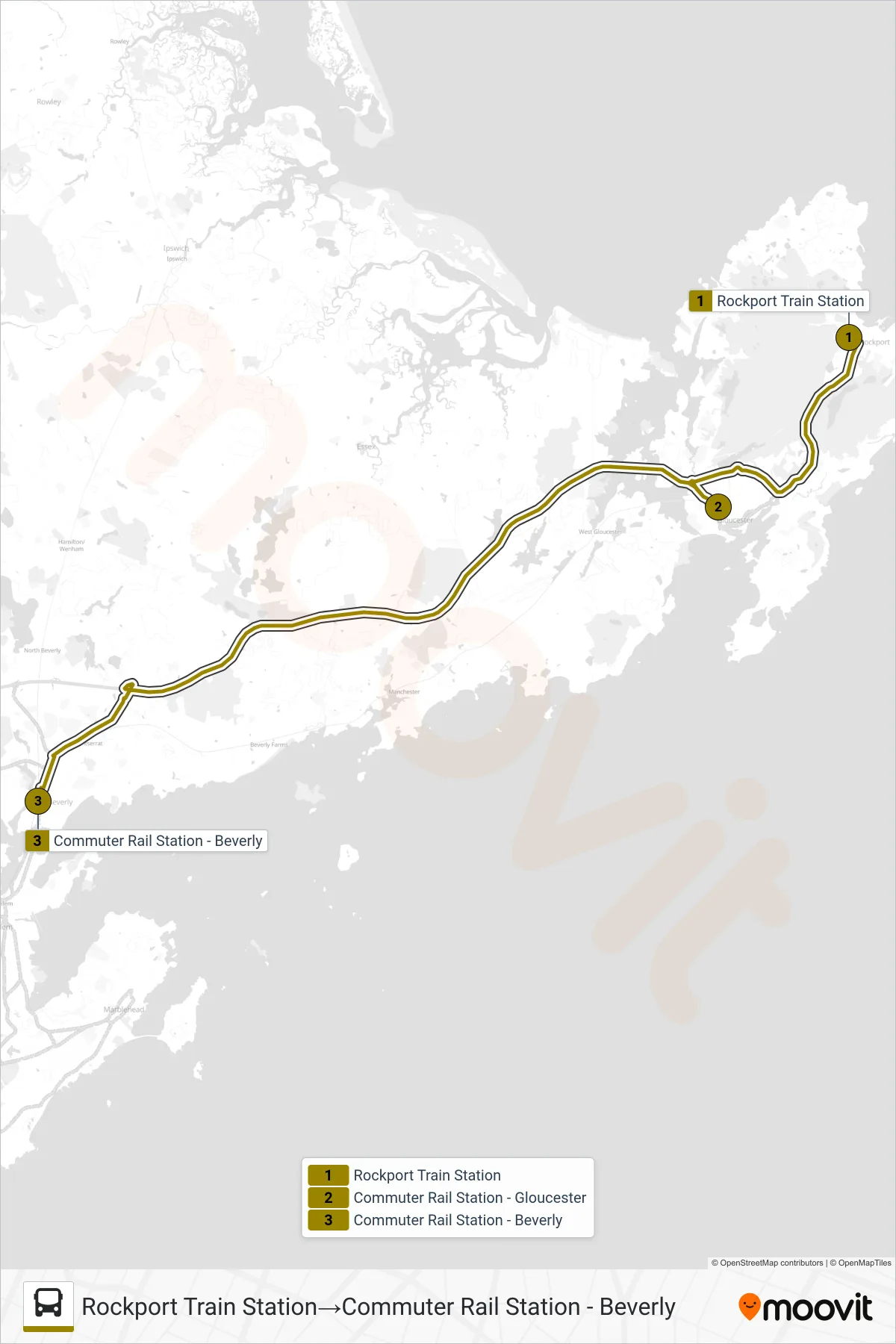 BEVERLY COMMUTER bus Line (Rockport Train Station→Commuter Rail Station - Beverly) route and stops on a map