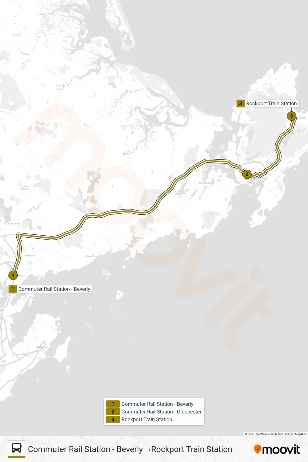 BEVERLY COMMUTER bus Line (Commuter Rail Station - Beverly→Rockport Train Station) route and stops on a map