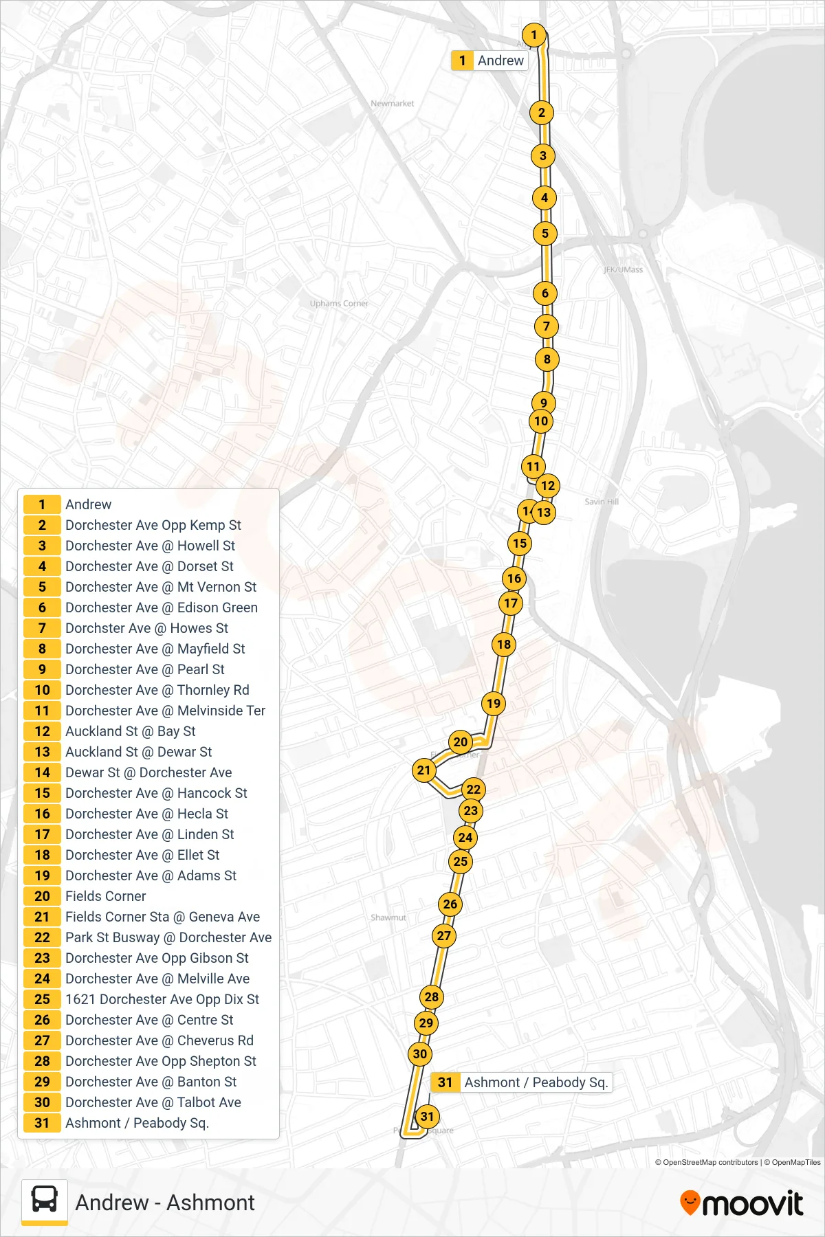 18 bus Line (Ashmont) route and stops on a map