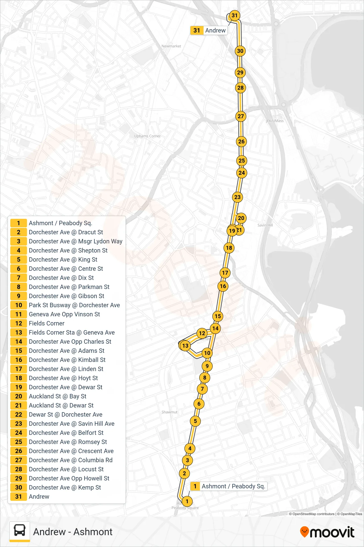 18 bus Line (Andrew) route and stops on a map
