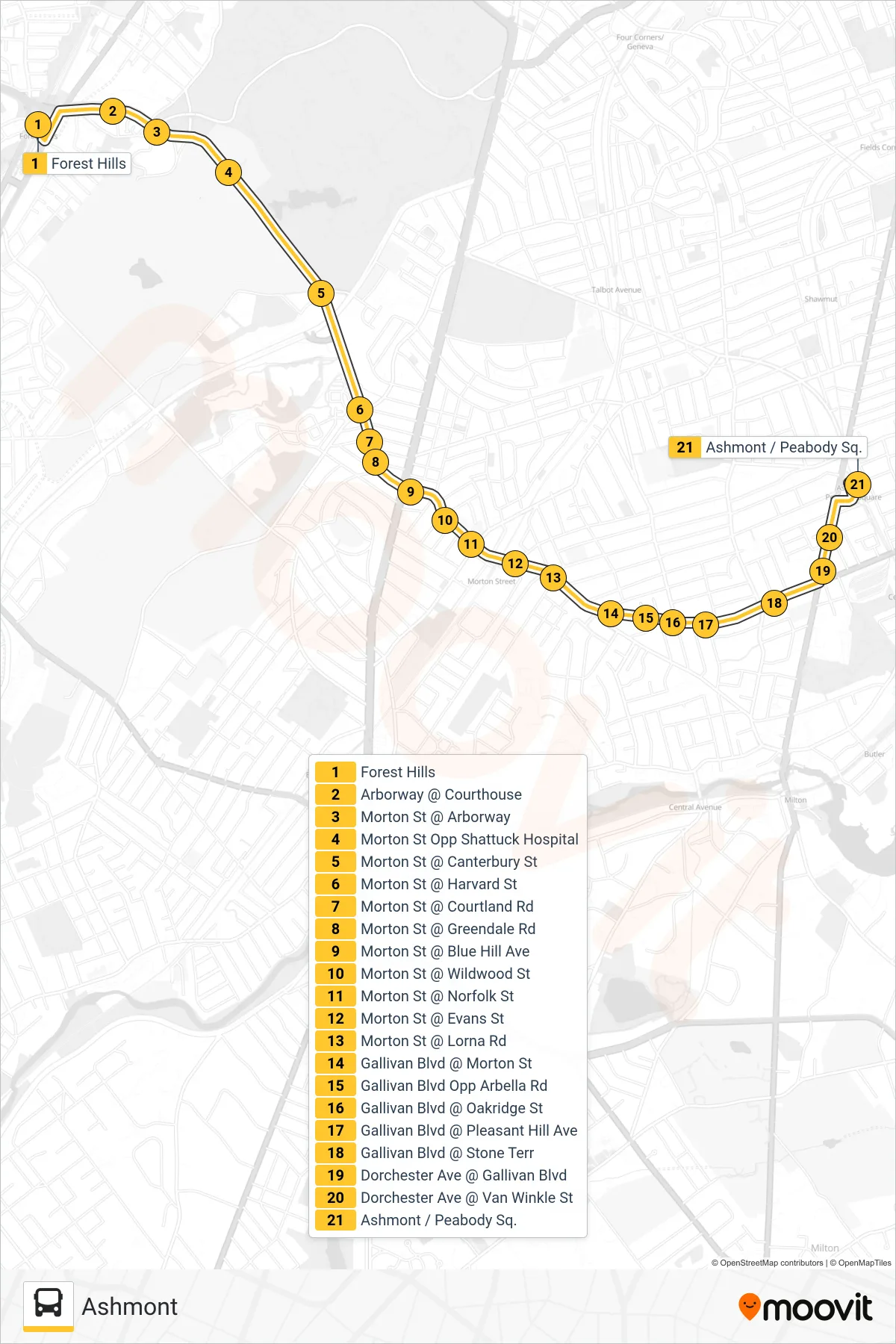 21 bus Line (Ashmont) route and stops on a map