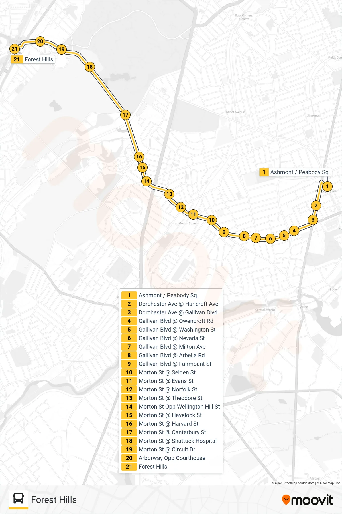 21 bus Line (Forest Hills) route and stops on a map