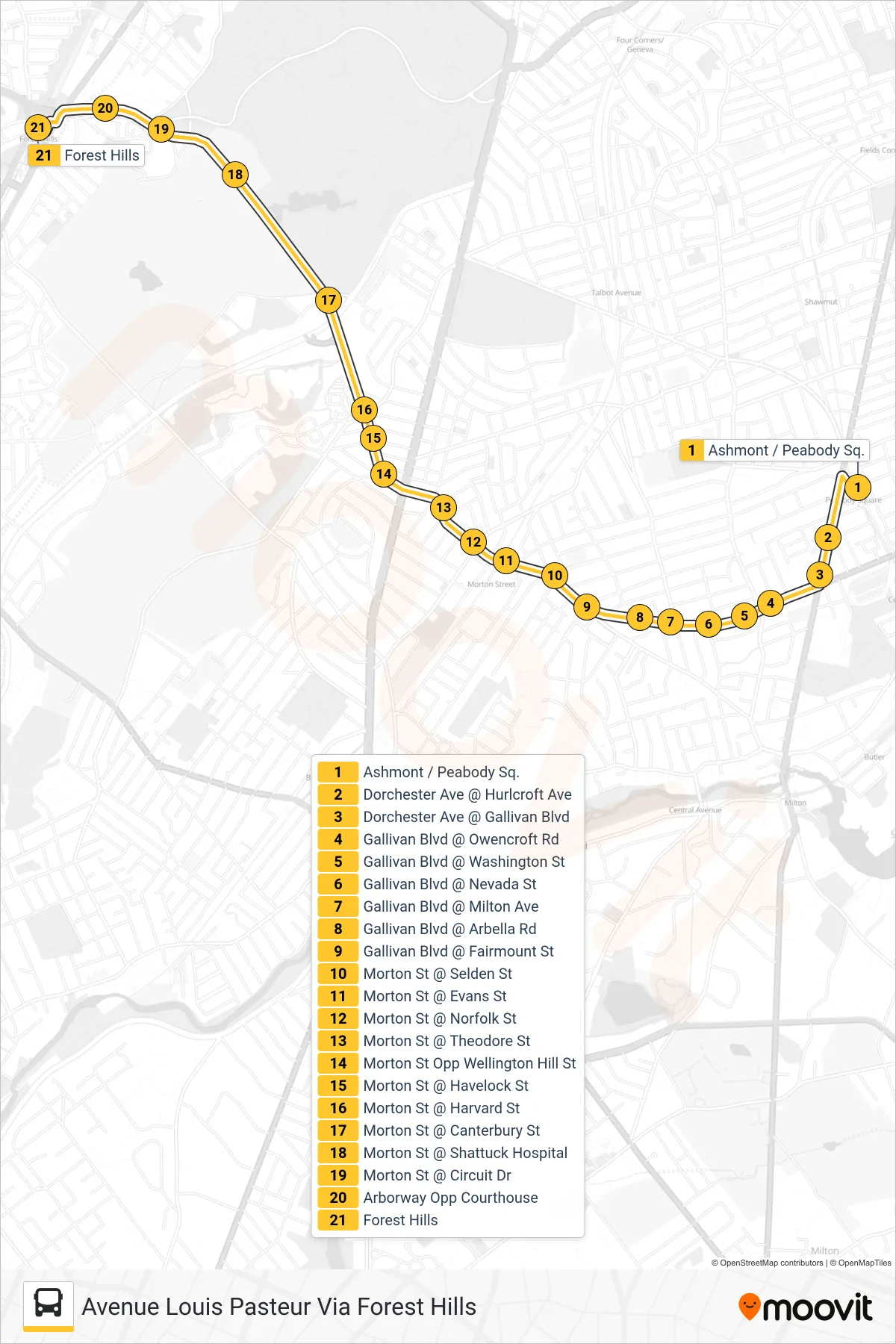 21 bus Line (Avenue Louis Pasteur Via Forest Hills) route and stops on a map