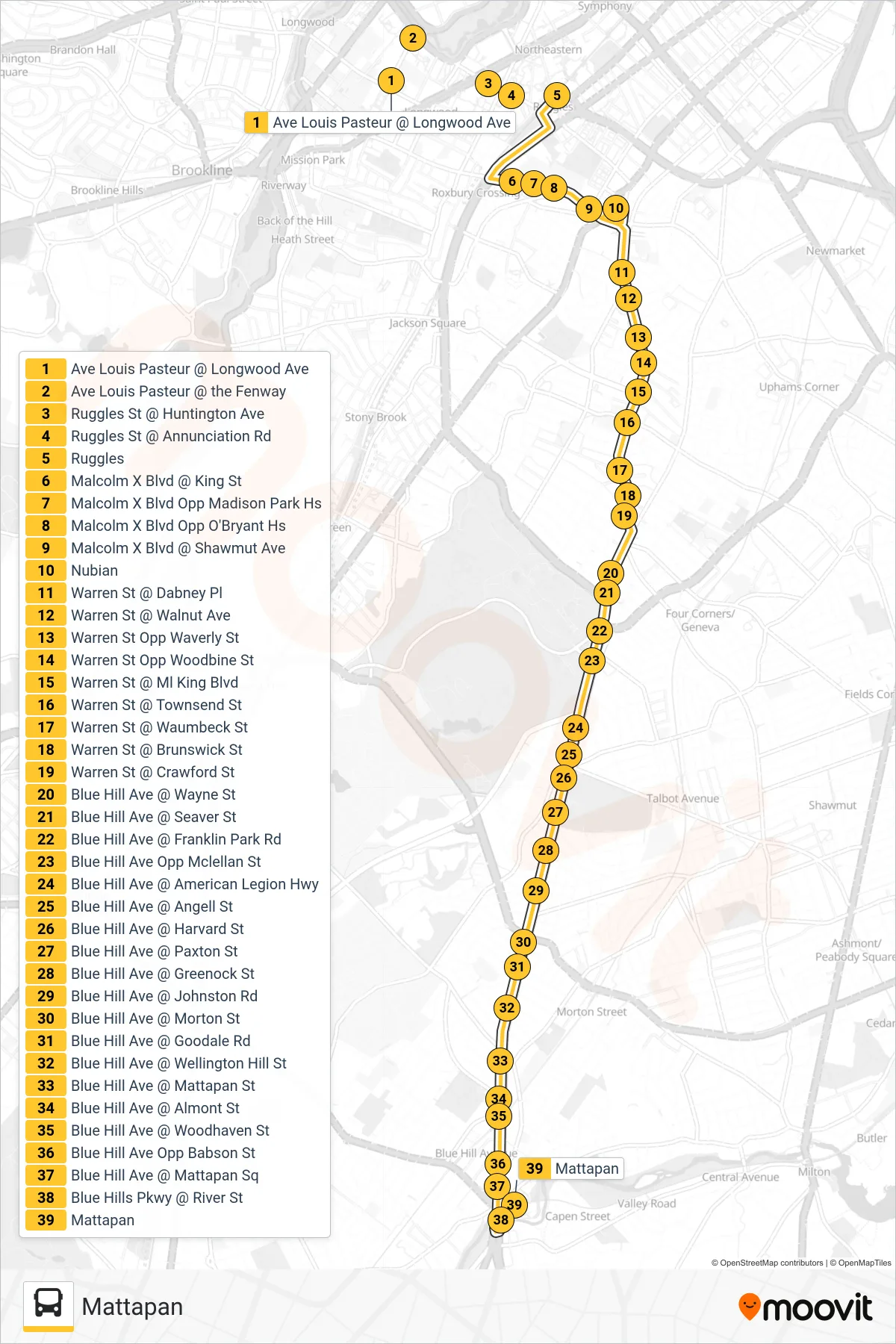 28 bus Line (Mattapan) route and stops on a map