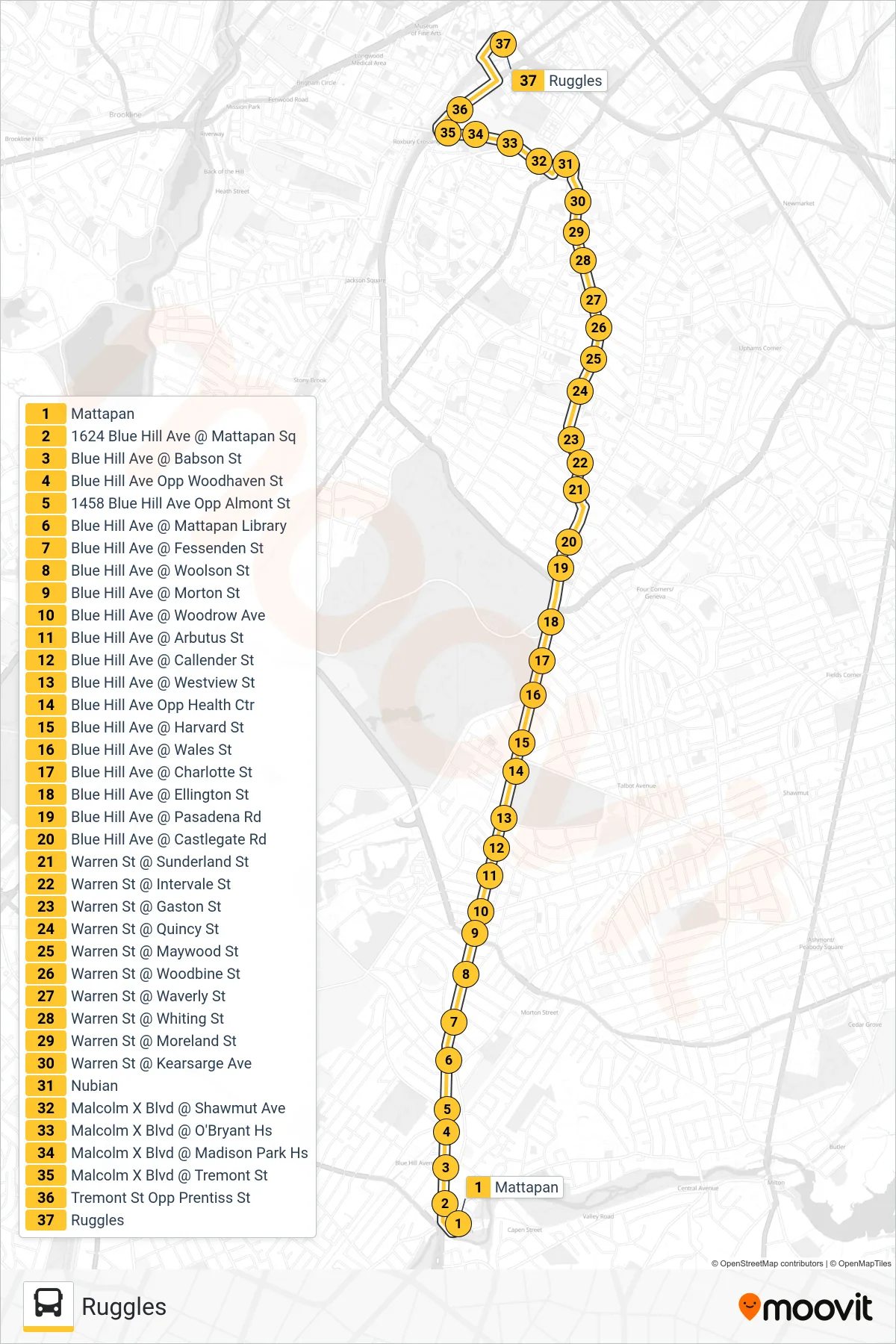 28 bus Line (Ruggles) route and stops on a map