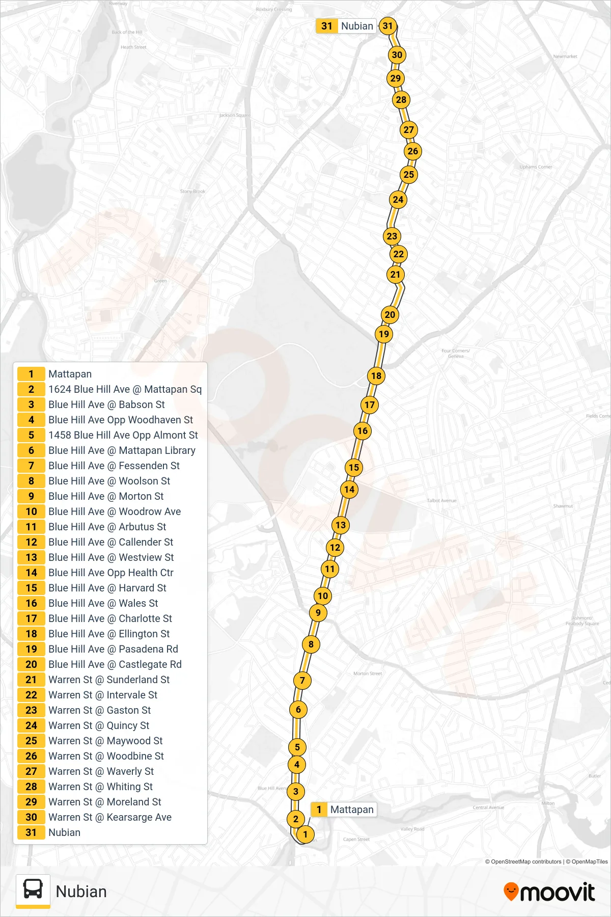 28 bus Line (Nubian) route and stops on a map